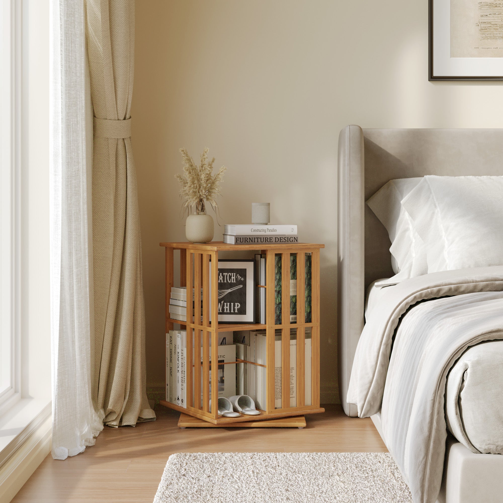 YOWOS Vortex Series Meridian 360° Rotating Bookshelf Bamboo Natural 2 Tiers