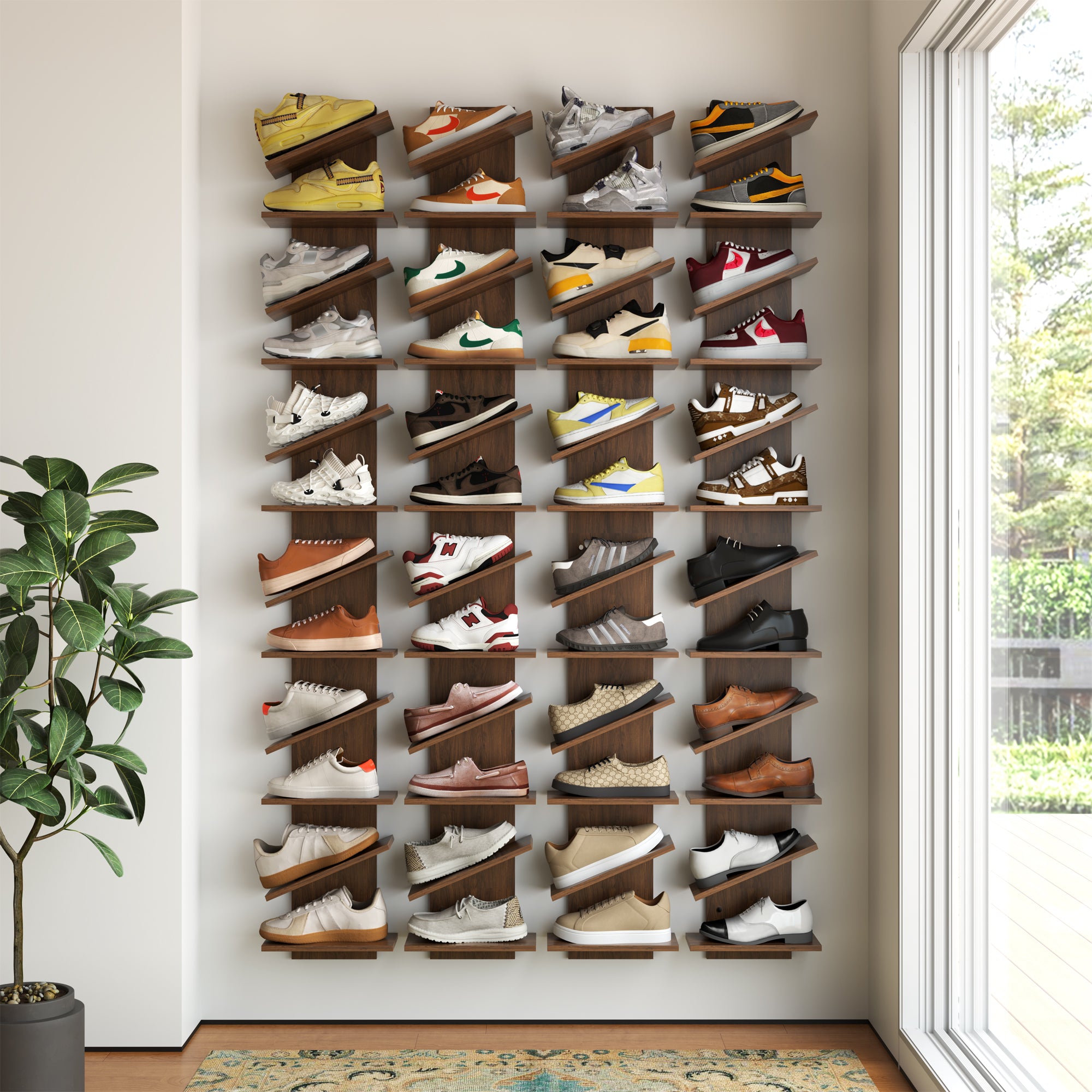 YOWOS Chiaroscuro Series Thor Z-Shaped Wall-Mounted Shoe Shelf Wood Walnut for 6 Pairs of Shoes