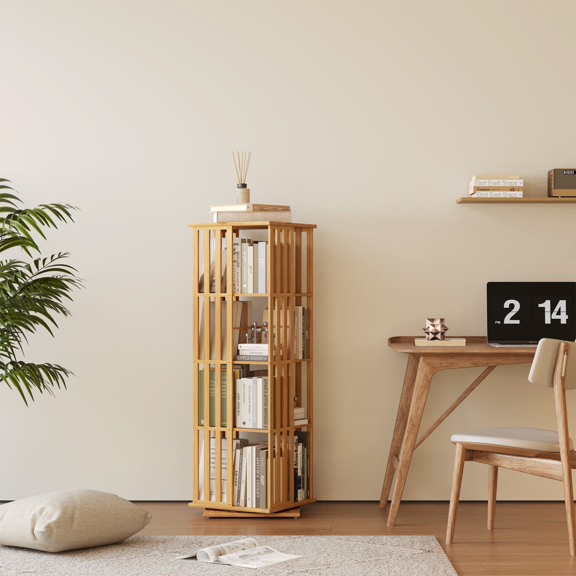 YOWOS Vortex Series Meridian 360° Rotating Bookshelf Bamboo Natural 4 Tiers