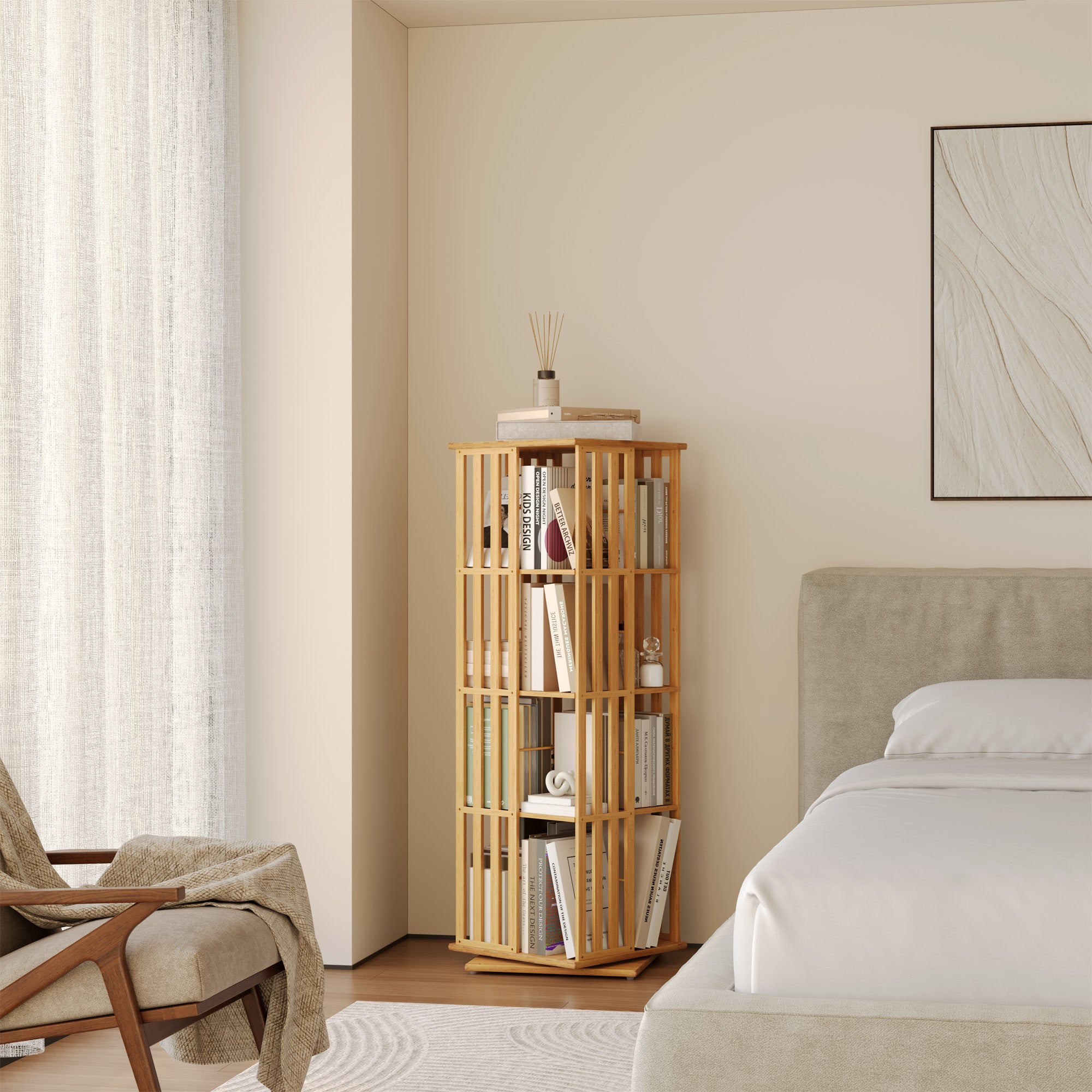 YOWOS Vortex Series Meridian 360° Rotating Bookshelf Bamboo Natural 4 Tiers