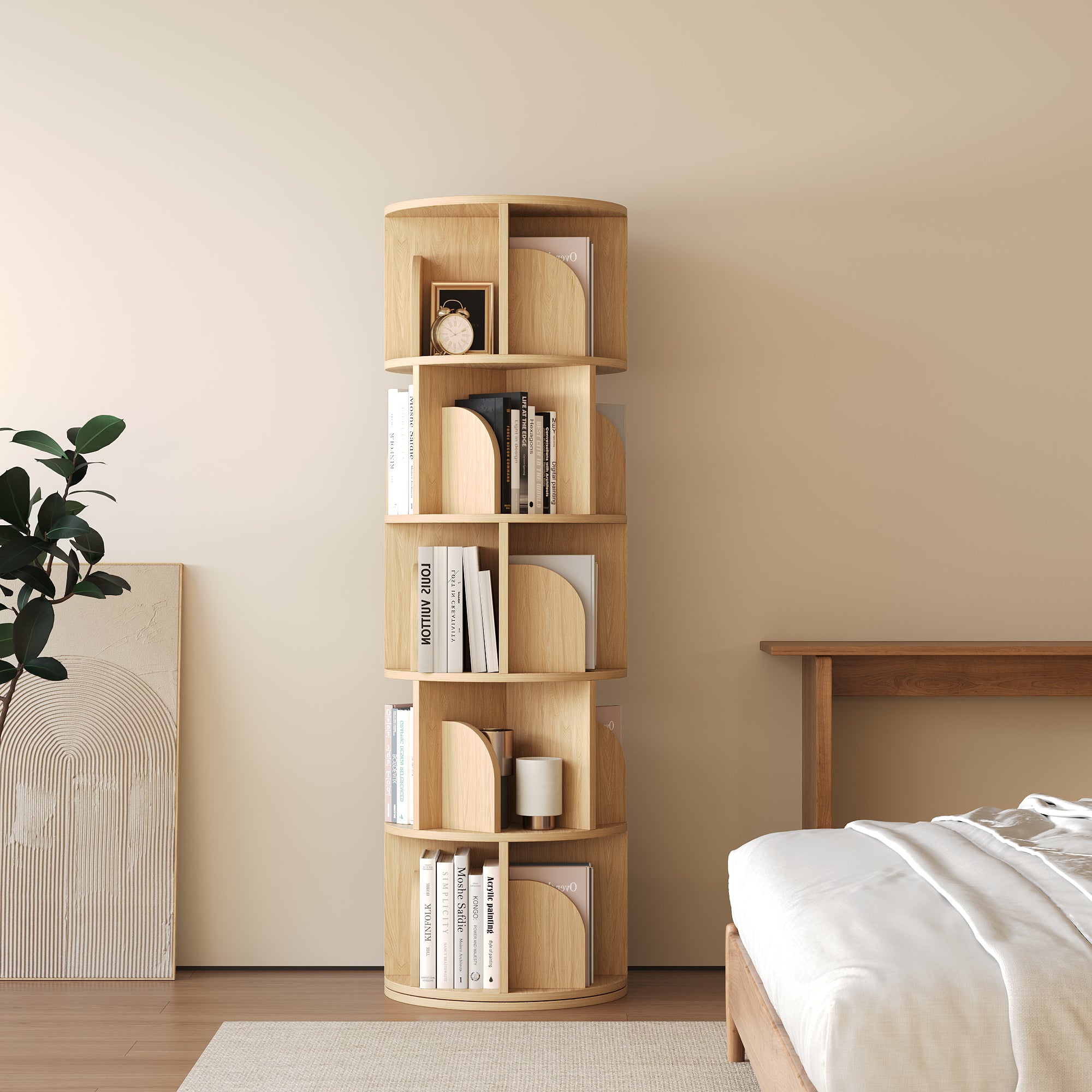 YOWOS Vortex Series Circinus Core 360° Rotating Bookshelf Wood Natural 5 Tiers