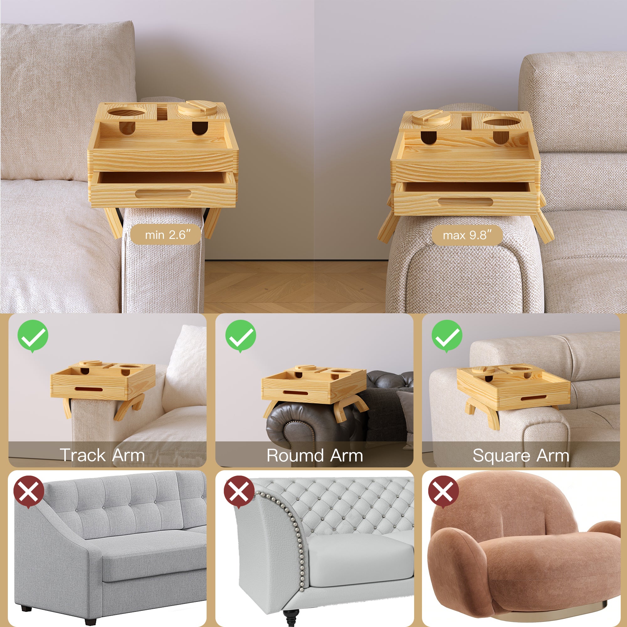 YOWOS 7-in-1 Solid Wood Sofa Arm Tray Table / Foldable Couch Organizer with Drawer