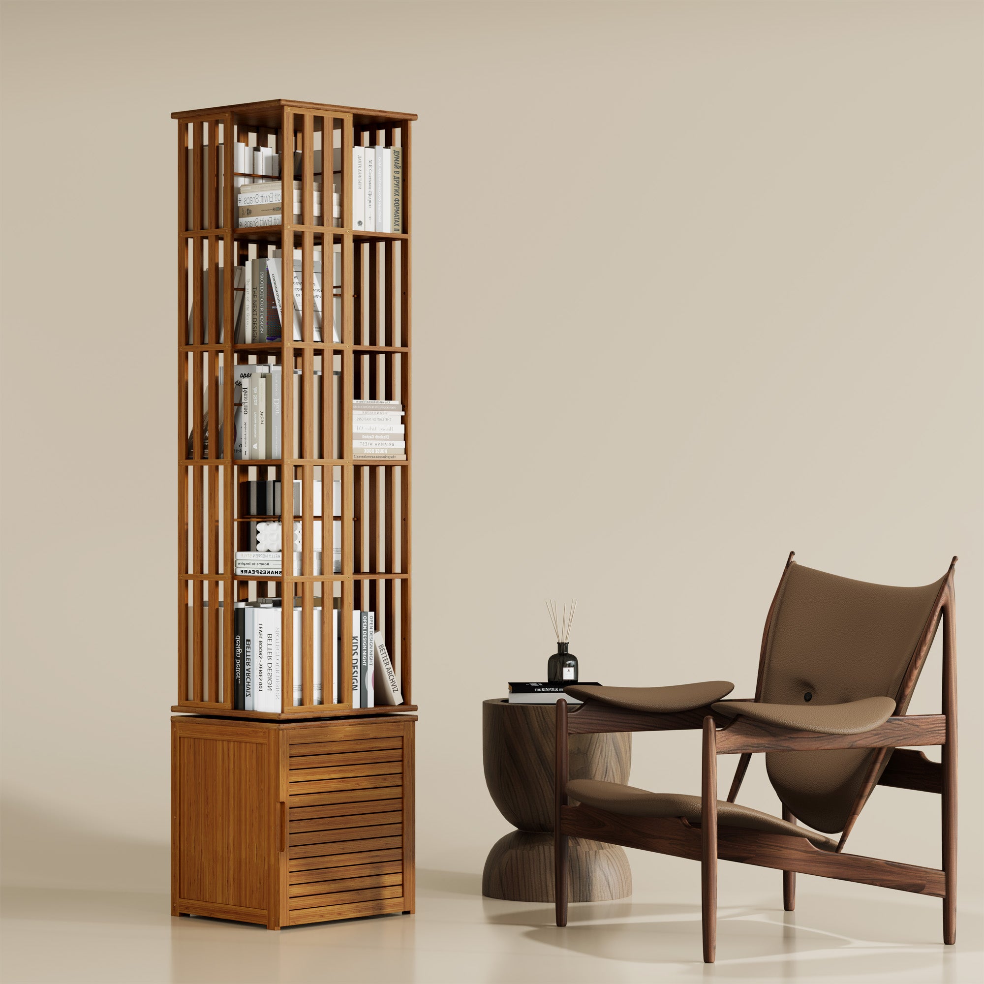 YOWOS Vortex Series Meridian 360° Rotating Bookshelf Bamboo Walnut 6 Tiers Pro