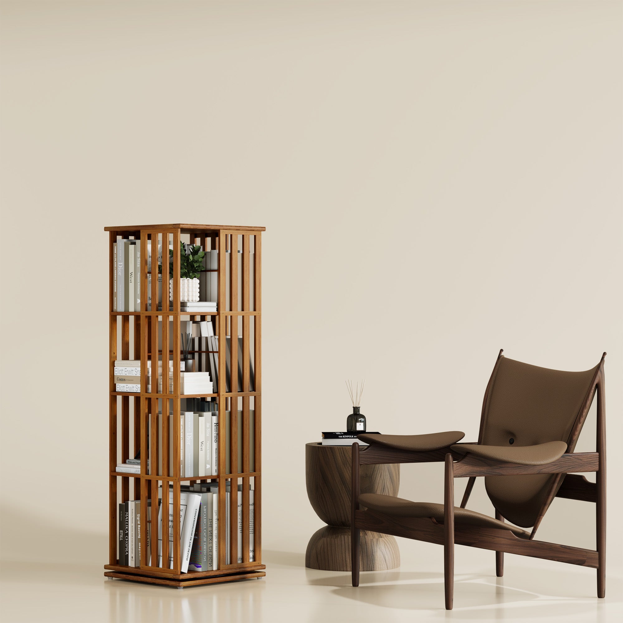 YOWOS Vortex Series Meridian 360° Rotating Bookshelf Bamboo Walnut 4 Tiers