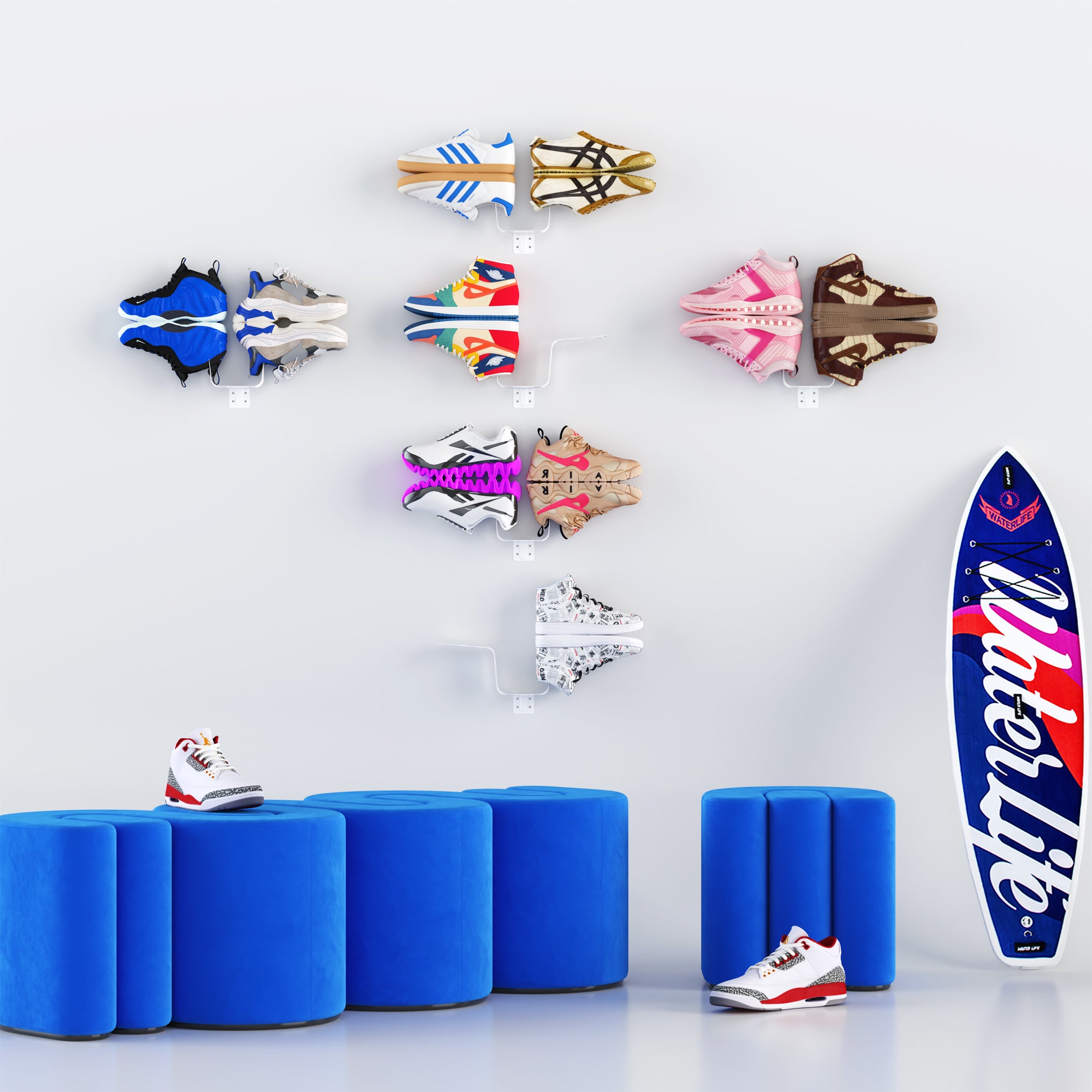 YOWOS Chiaroscuro Series SoleScape Wall-mounted Floating Shoe Shelf Iron White 6 Pieces