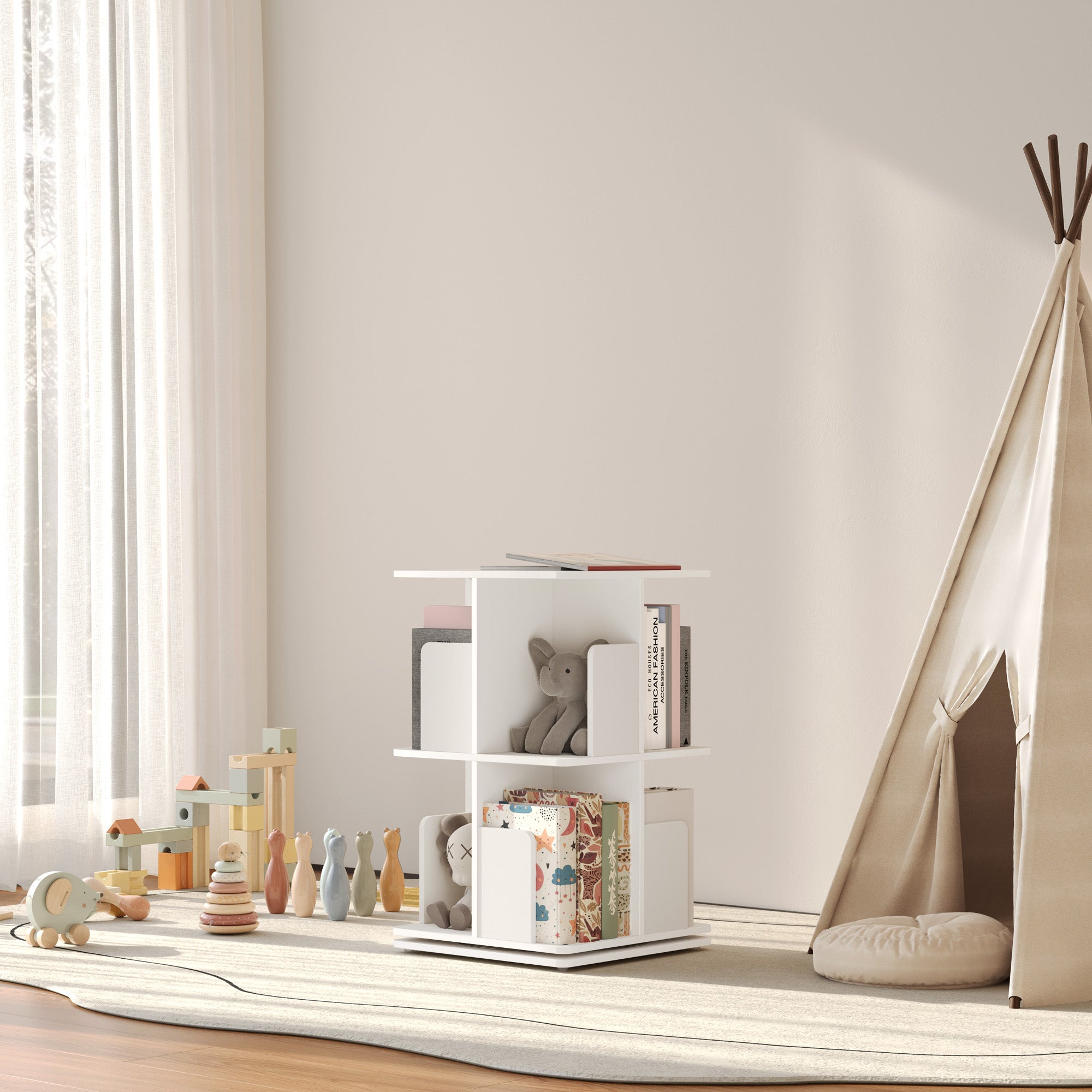 YOWOS Vortex Series Vitru Spin 360° Rotating Bookshelf Wood White 2 Tiers