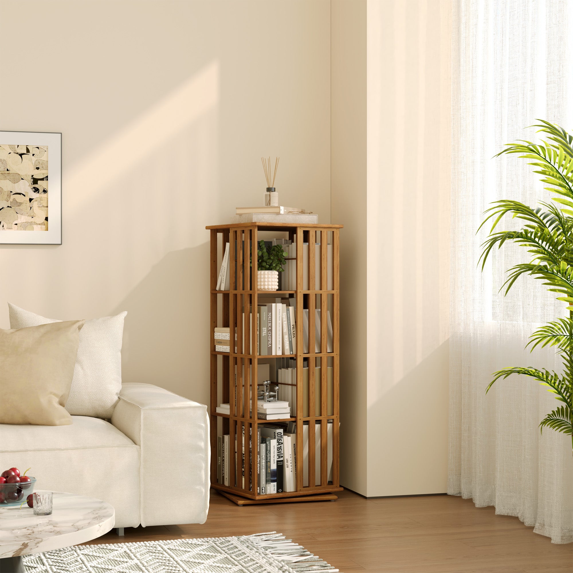 YOWOS Vortex Series Meridian 360° Rotating Bookshelf Bamboo Walnut 4 Tiers
