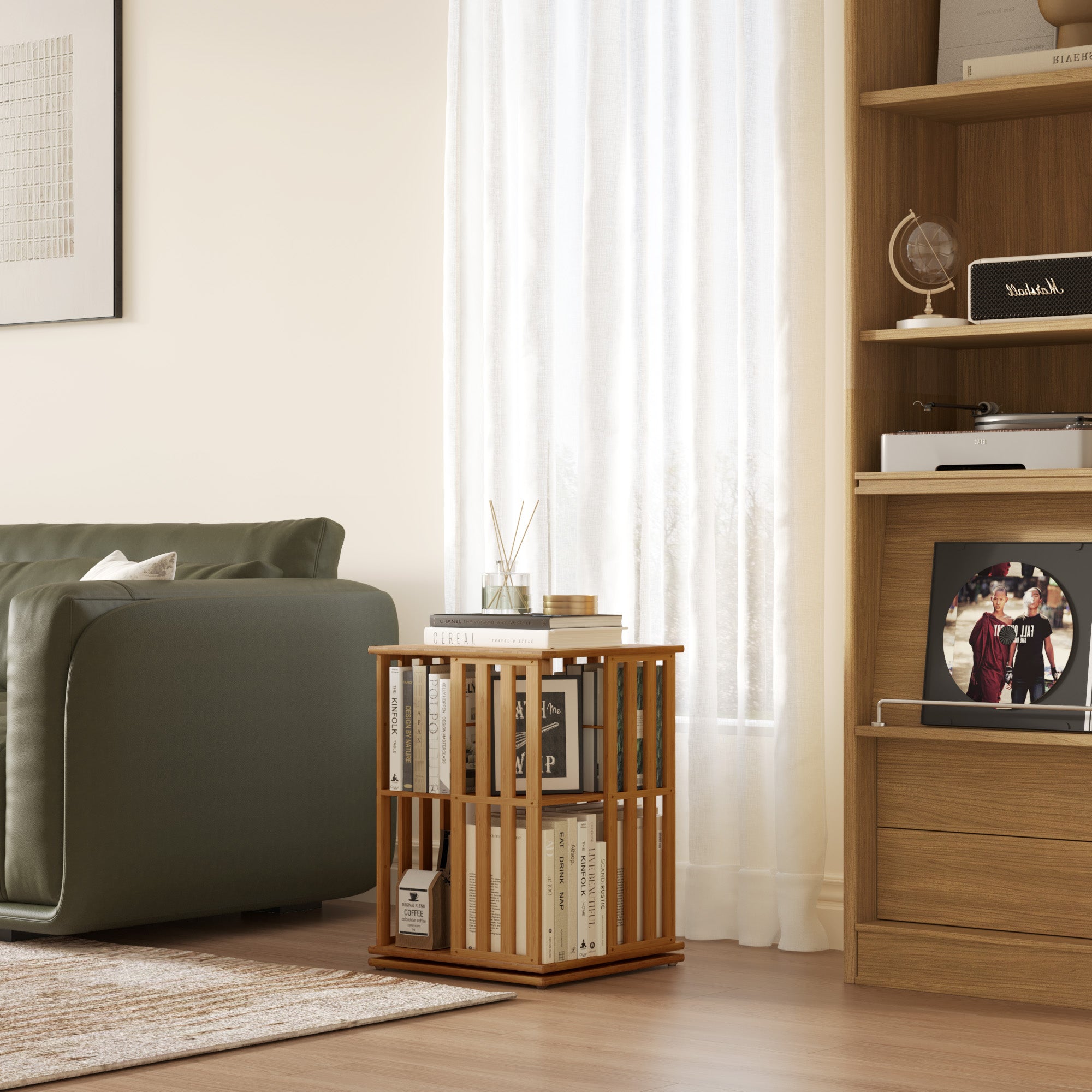 YOWOS Vortex Series Meridian 360° Rotating Bookshelf Bamboo Walnut 2 Tiers