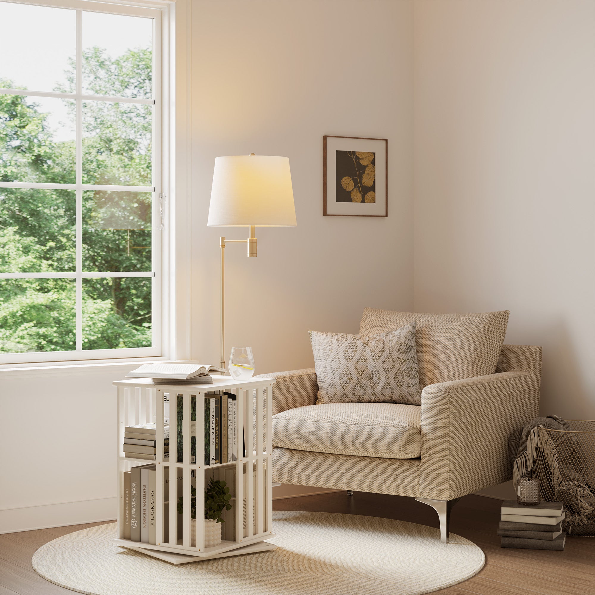 YOWOS Vortex Series Meridian 360° Rotating Bookshelf Bamboo White 2 Tiers