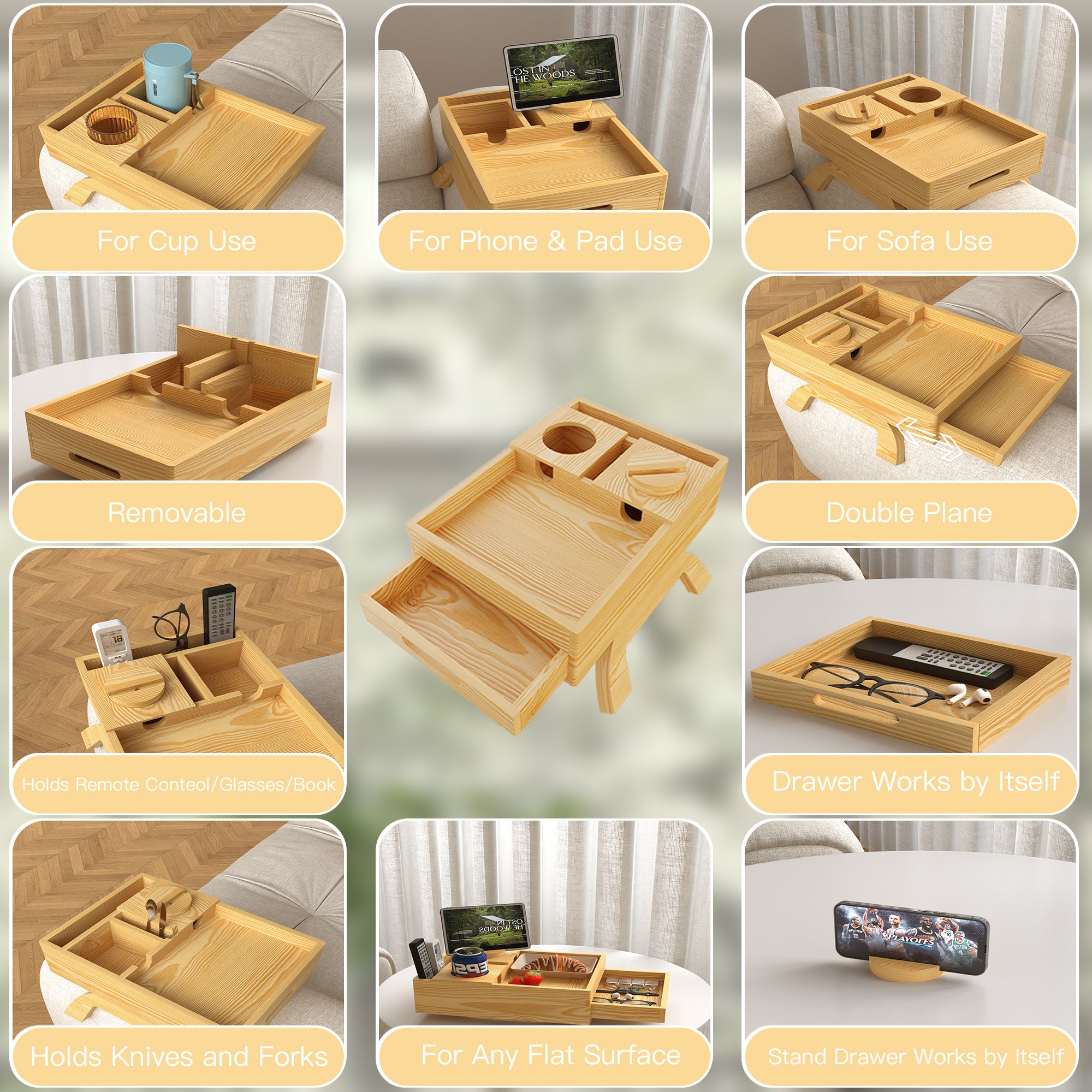 YOWOS 7-in-1 Solid Wood Sofa Arm Tray Table / Foldable Couch Organizer with Drawer