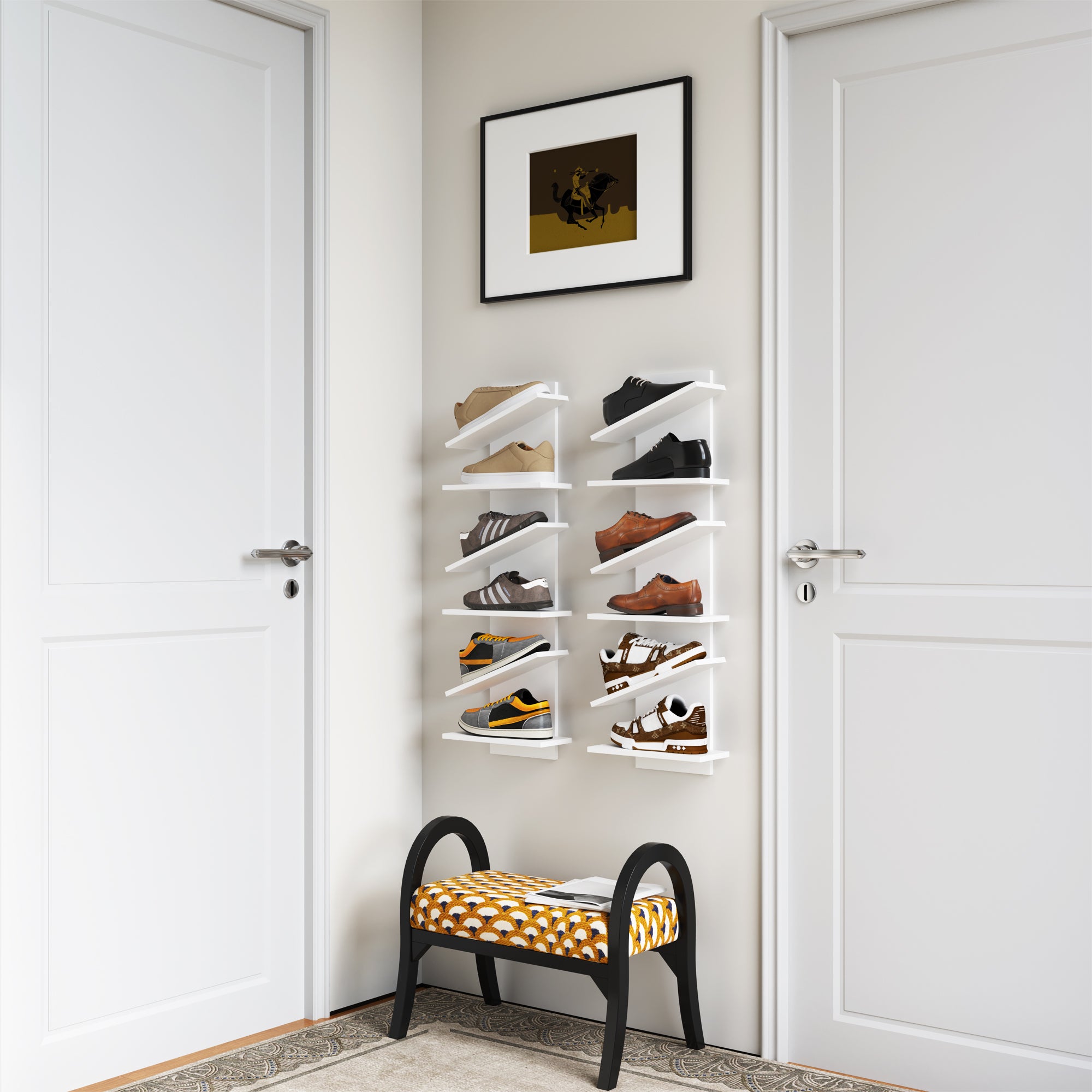YOWOS Chiaroscuro Series Thor Z-Shaped Wall-Mounted Shoe Shelf Wood White for 6 Pairs of Shoes
