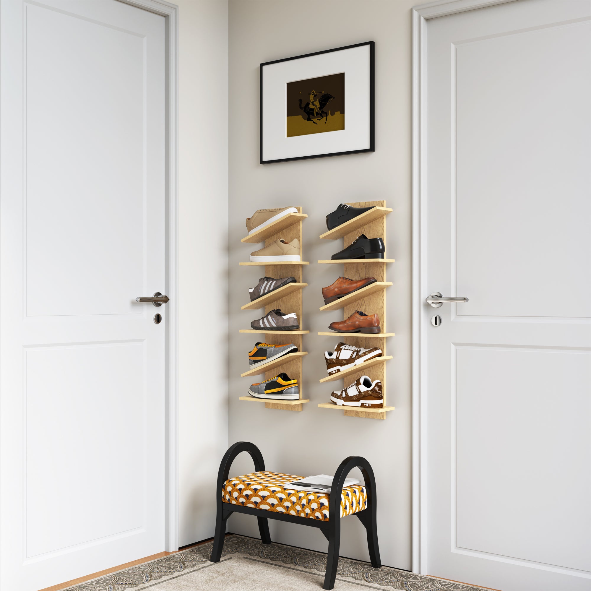 YOWOS Chiaroscuro Series Thor Z-Shaped Wall-Mounted Shoe Shelf Wood Natural for 6 Pairs of Shoes