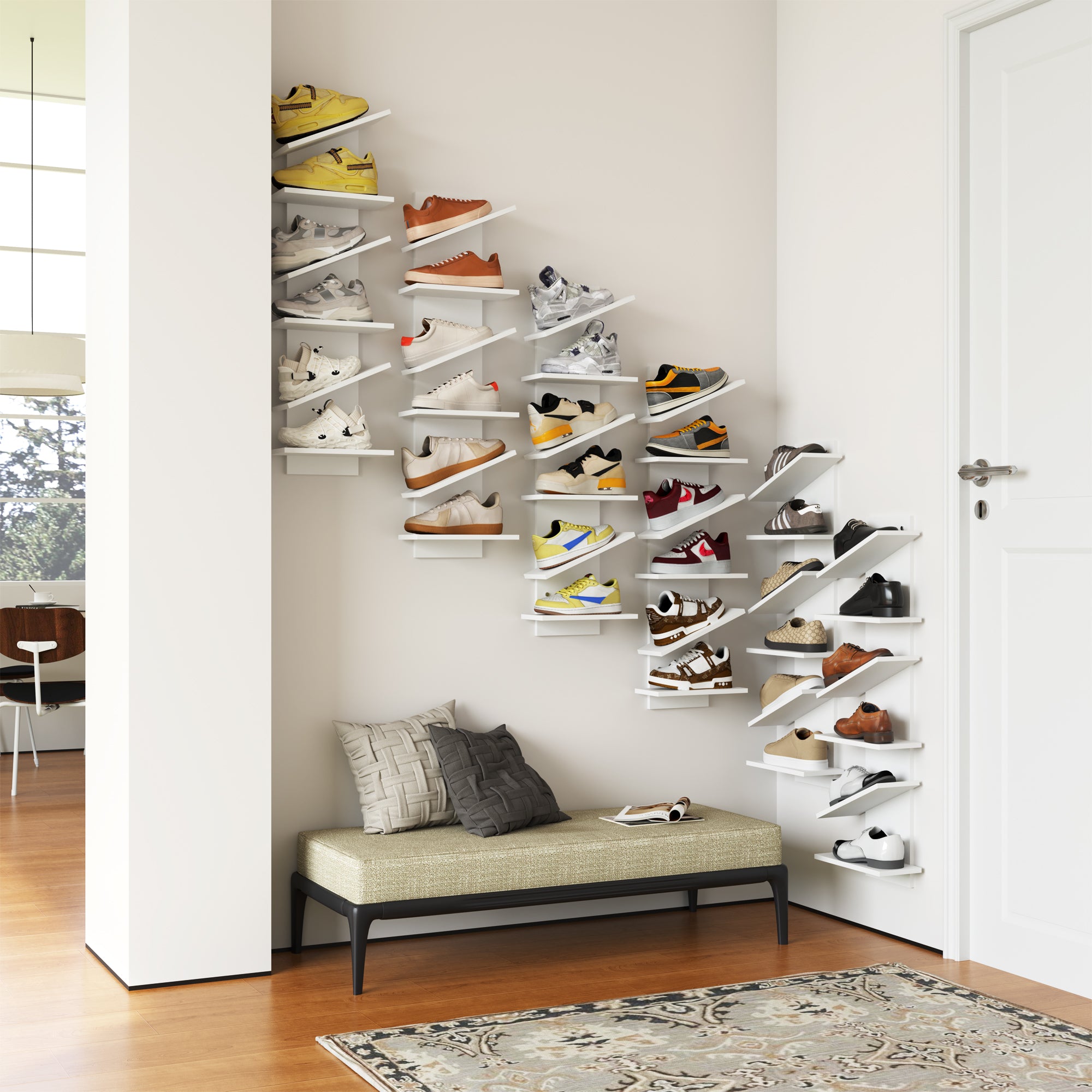 YOWOS Chiaroscuro Series Thor Z-Shaped Wall-Mounted Shoe Shelf Wood White for 6 Pairs of Shoes