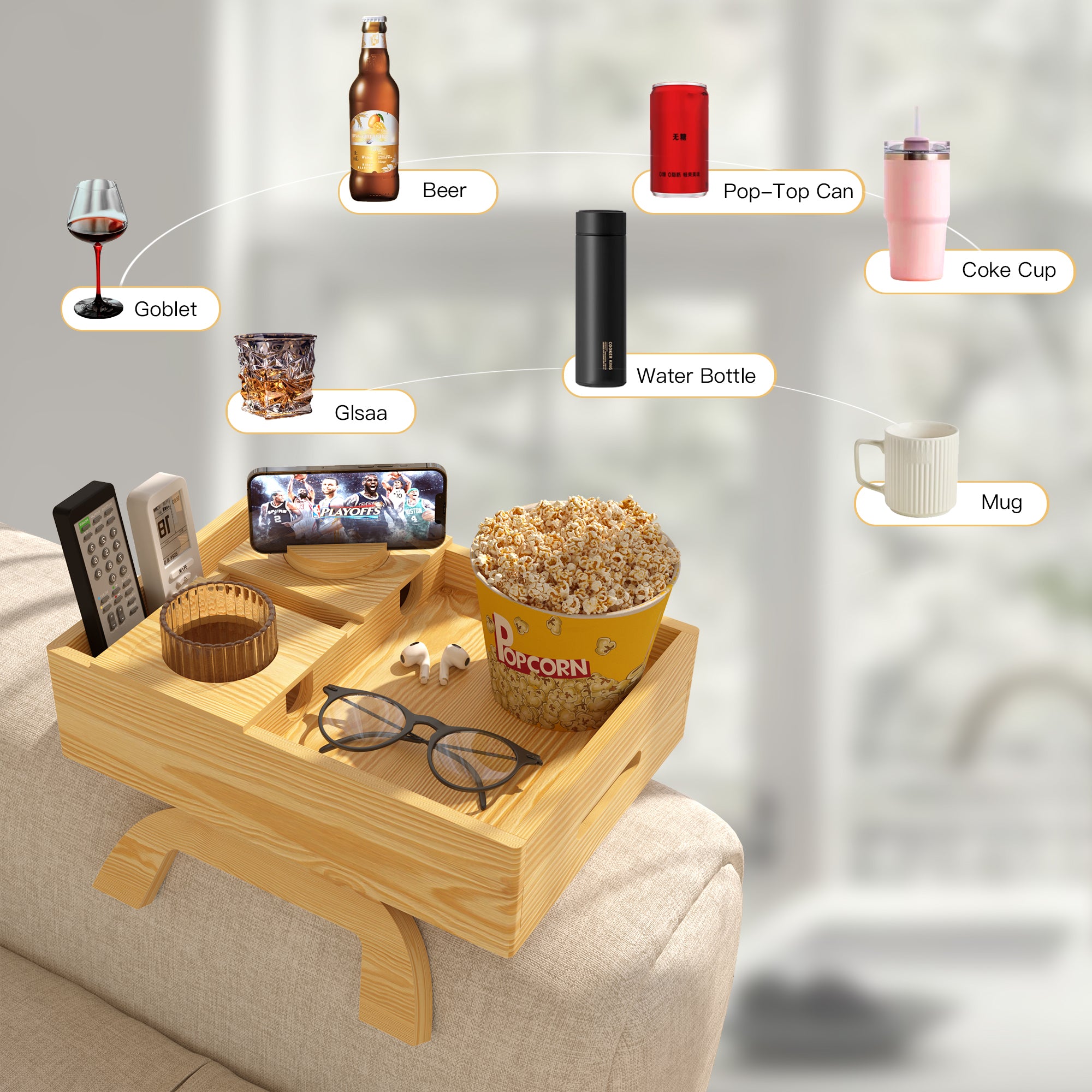 YOWOS 7-in-1 Solid Wood Sofa Arm Tray Table / Foldable Couch Organizer with Drawer