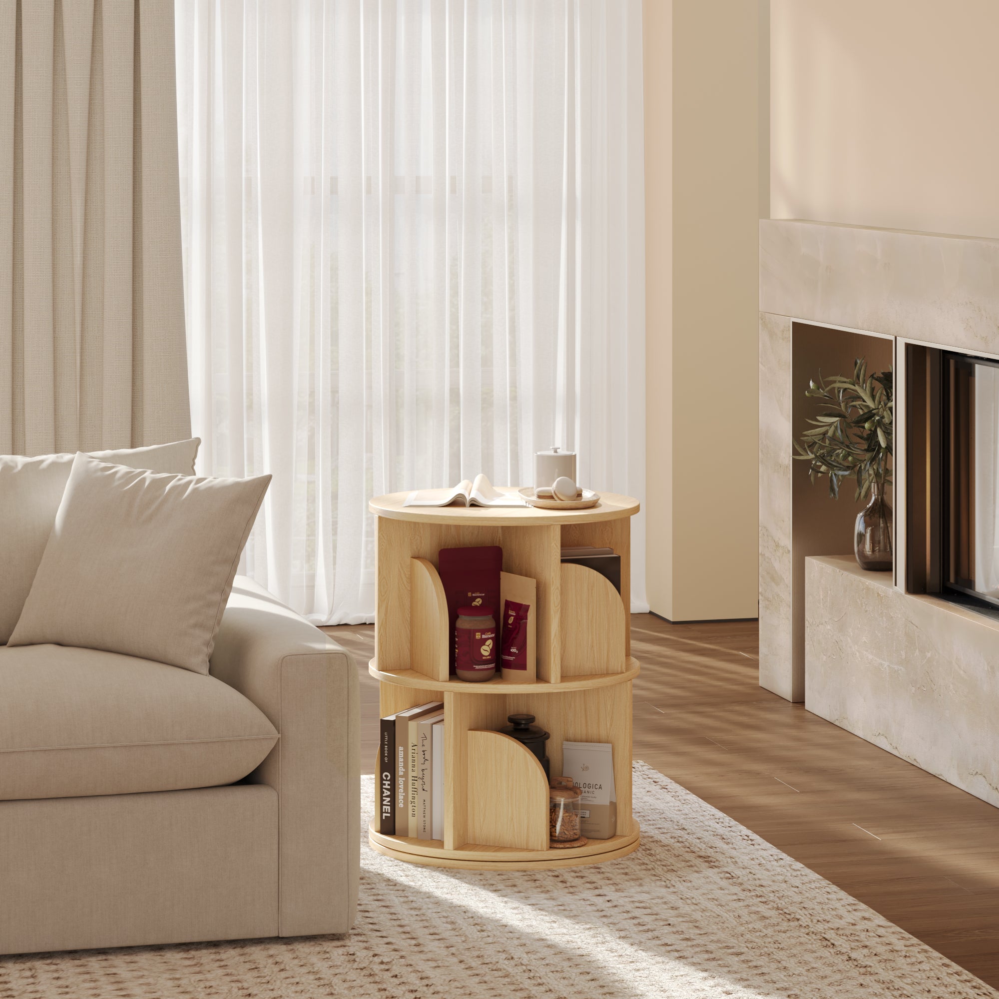 YOWOS Vortex Series Circinus Core 360° Rotating Bookshelf Wood Natural 2 Tiers