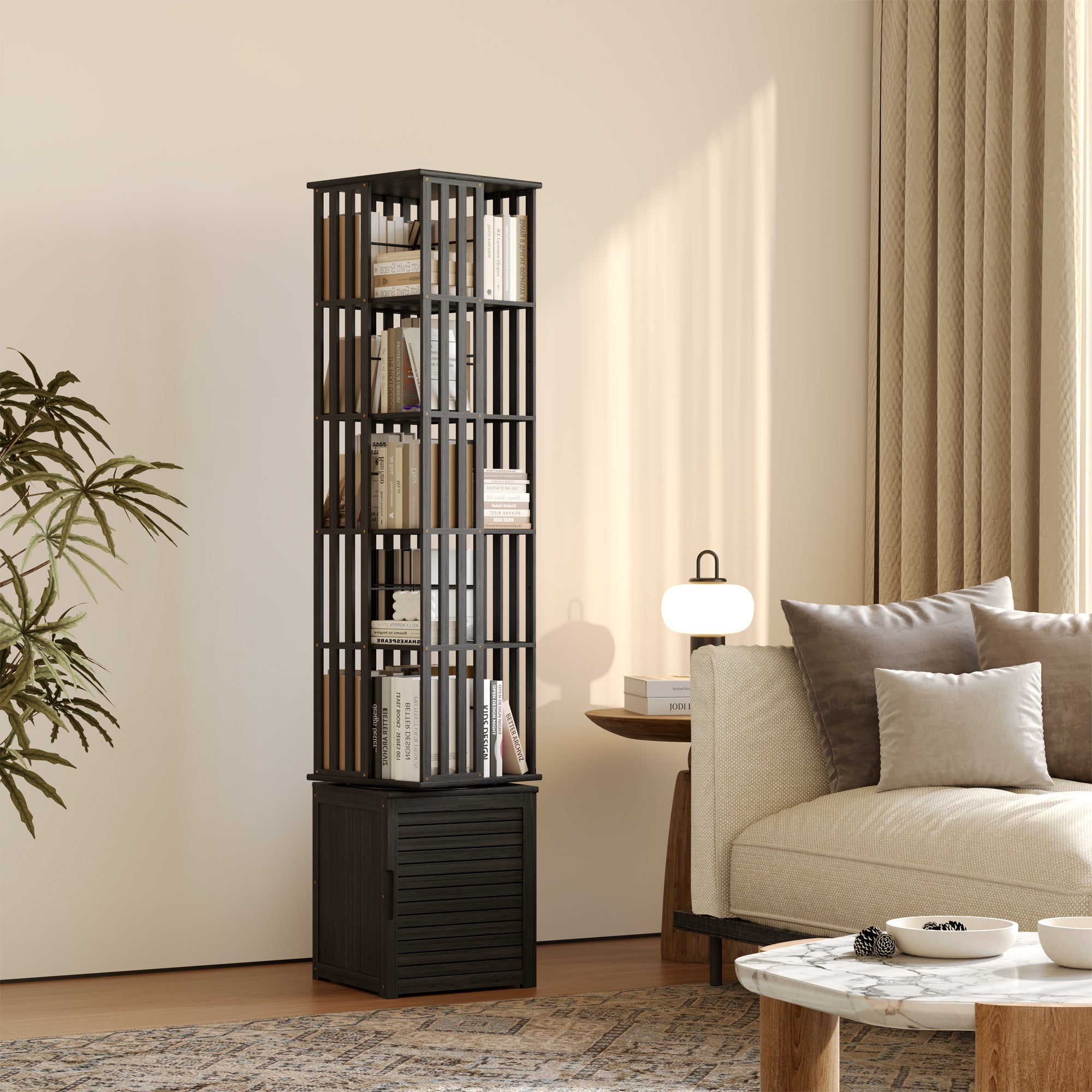 YOWOS Vortex Series Meridian 360° Rotating Bookshelf Bamboo Black 6 Tiers Pro