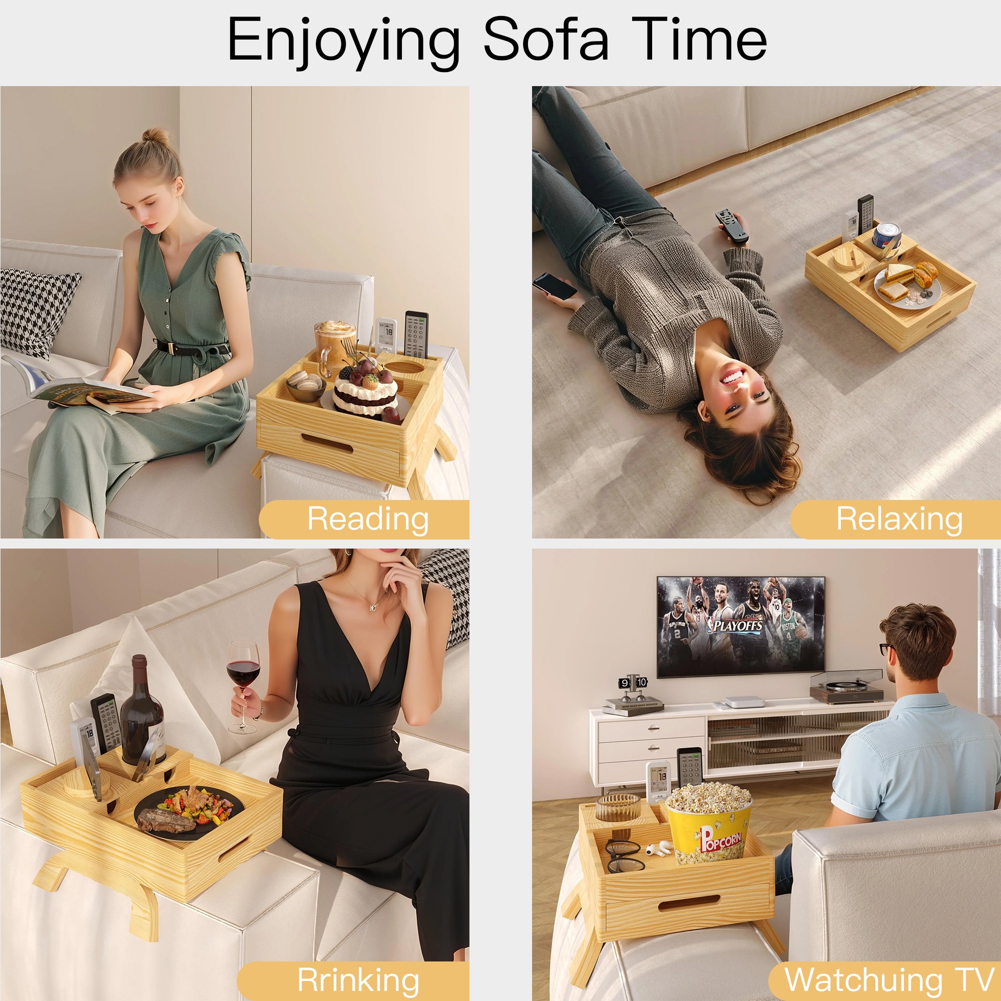 YOWOS 7-in-1 Solid Wood Sofa Arm Tray Table / Foldable Couch Organizer with Drawer