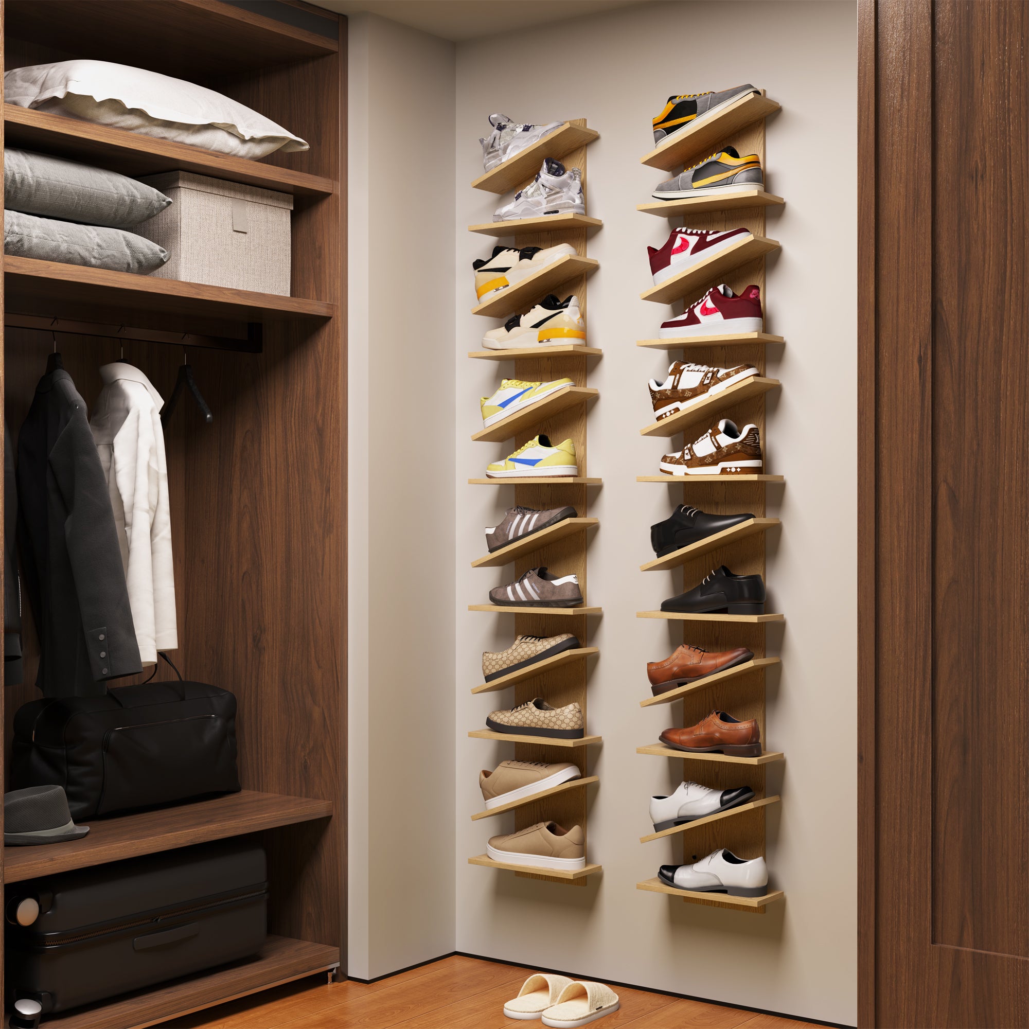 YOWOS Chiaroscuro Series Thor Z-Shaped Wall-Mounted Shoe Shelf Wood Natural for 6 Pairs of Shoes