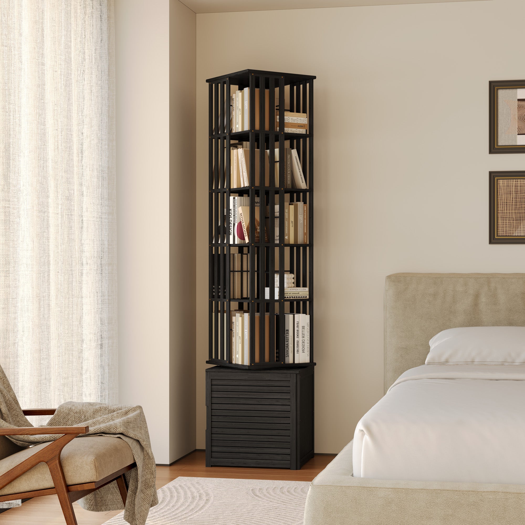 YOWOS Vortex Series Meridian 360° Rotating Bookshelf Bamboo Black 6 Tiers Pro