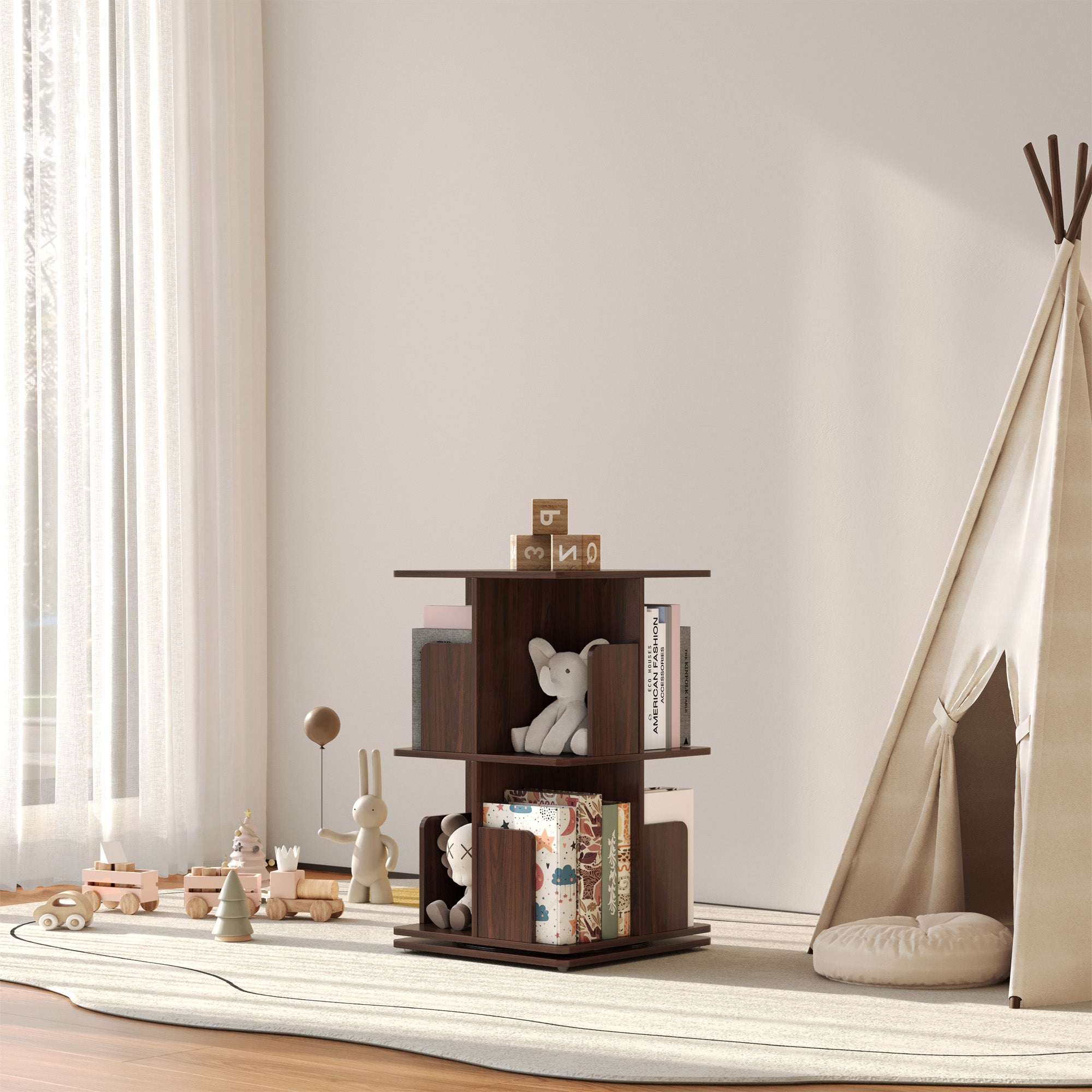 YOWOS Vortex Series Vitru Spin 360° Rotating Bookshelf Wood Walnut 2 Tiers