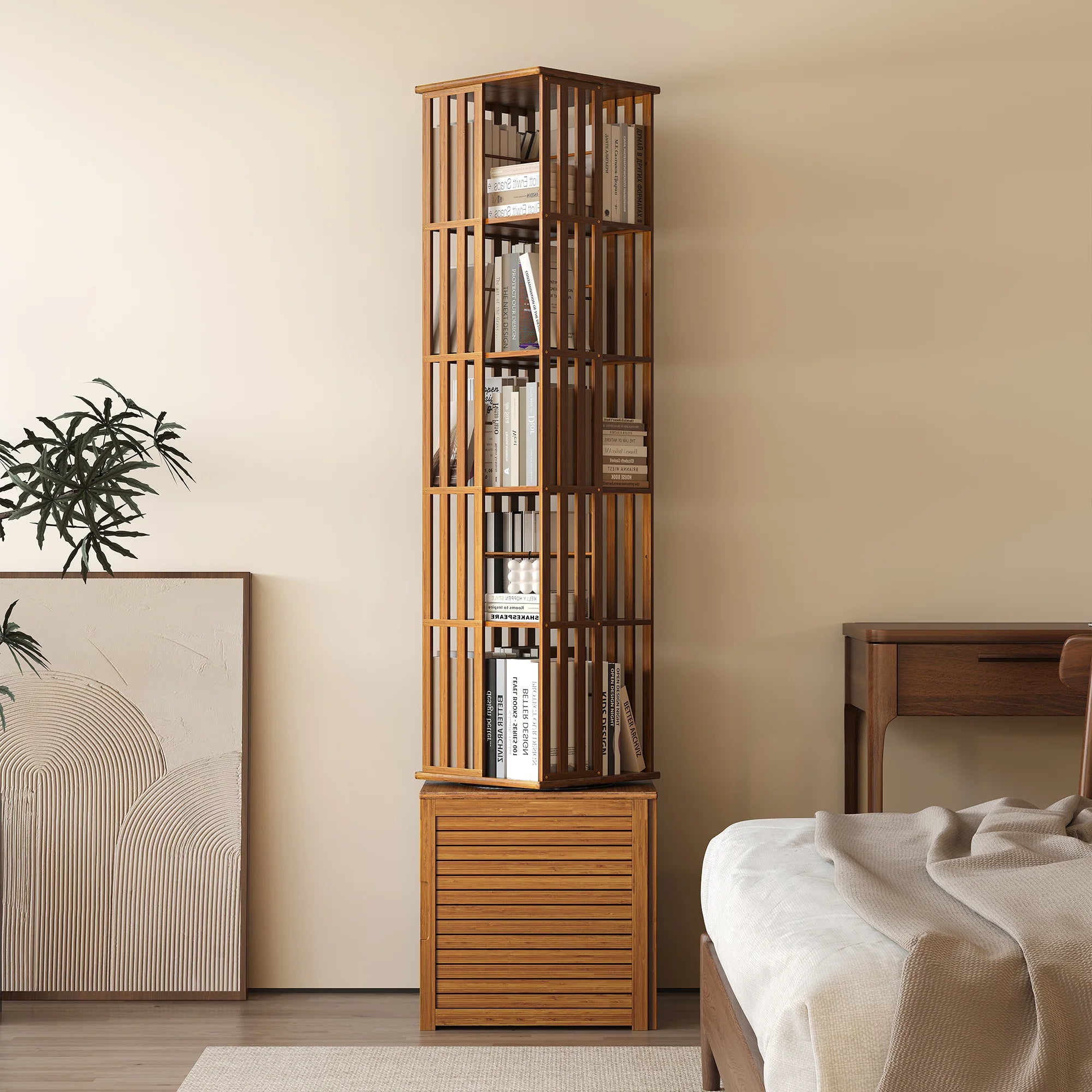 YOWOS Vortex Series Meridian 360° Rotating Bookshelf Bamboo Walnut 6 Tiers Pro
