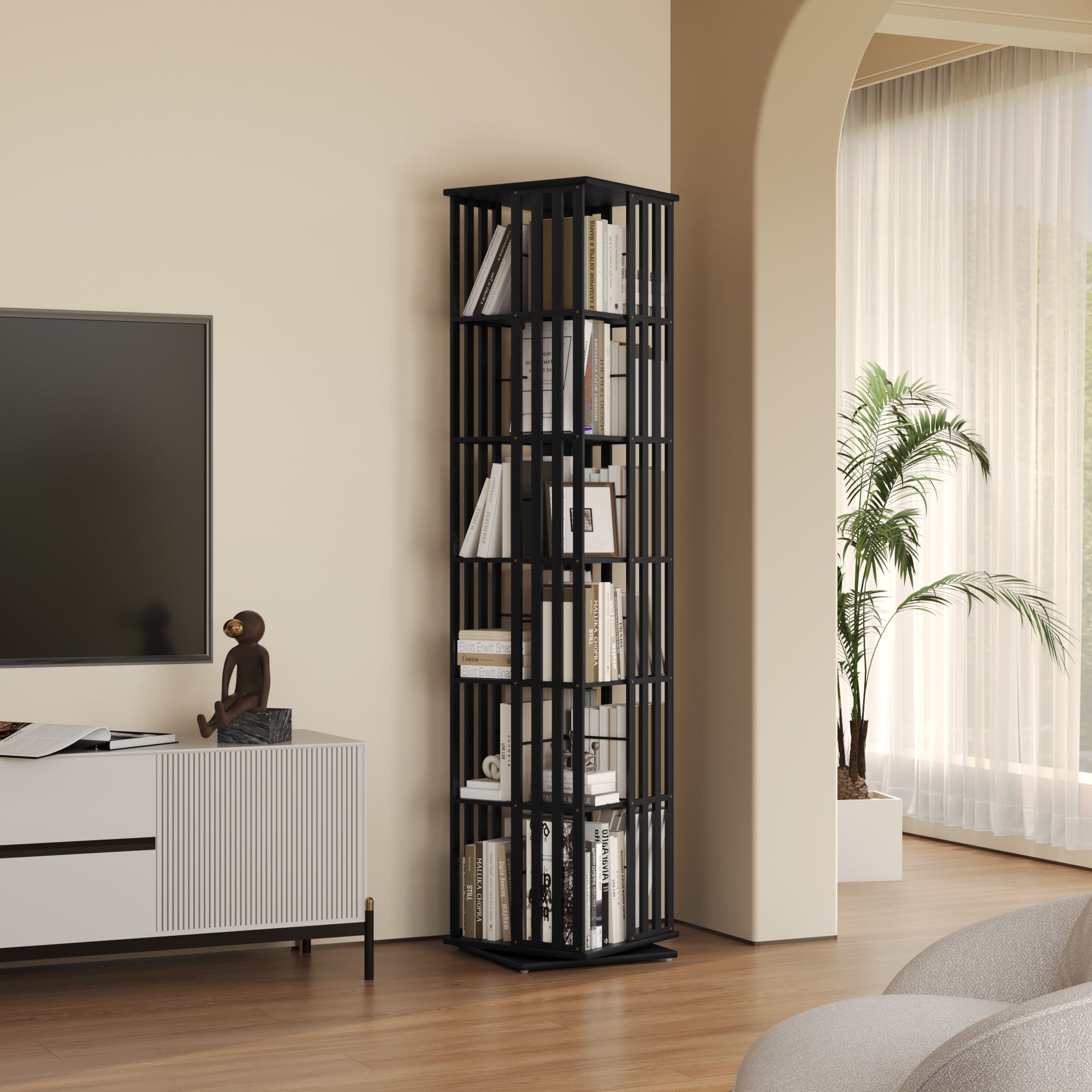 YOWOS Vortex Series Meridian 360° Rotating Bookshelf Bamboo Black 6 Tiers