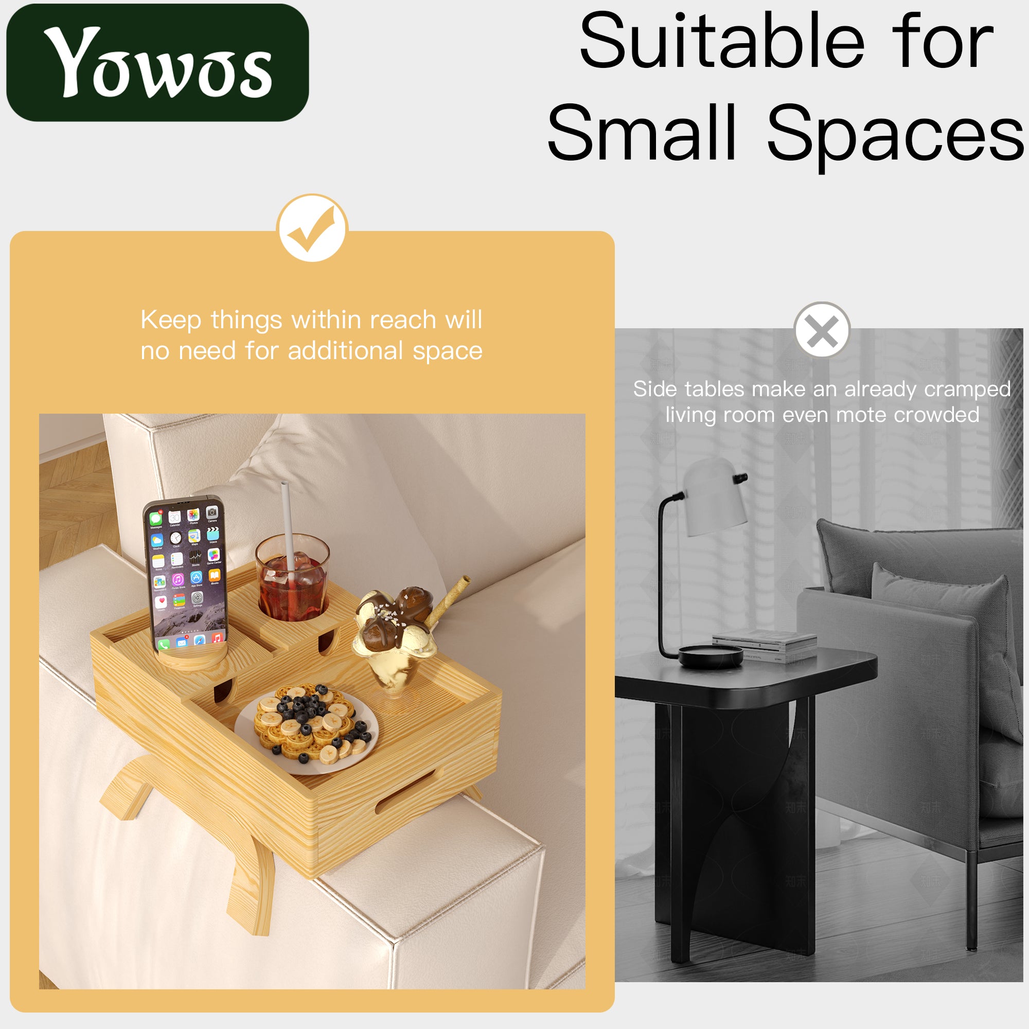 YOWOS 7-in-1 Solid Wood Sofa Arm Tray Table / Foldable Couch Organizer with Drawer