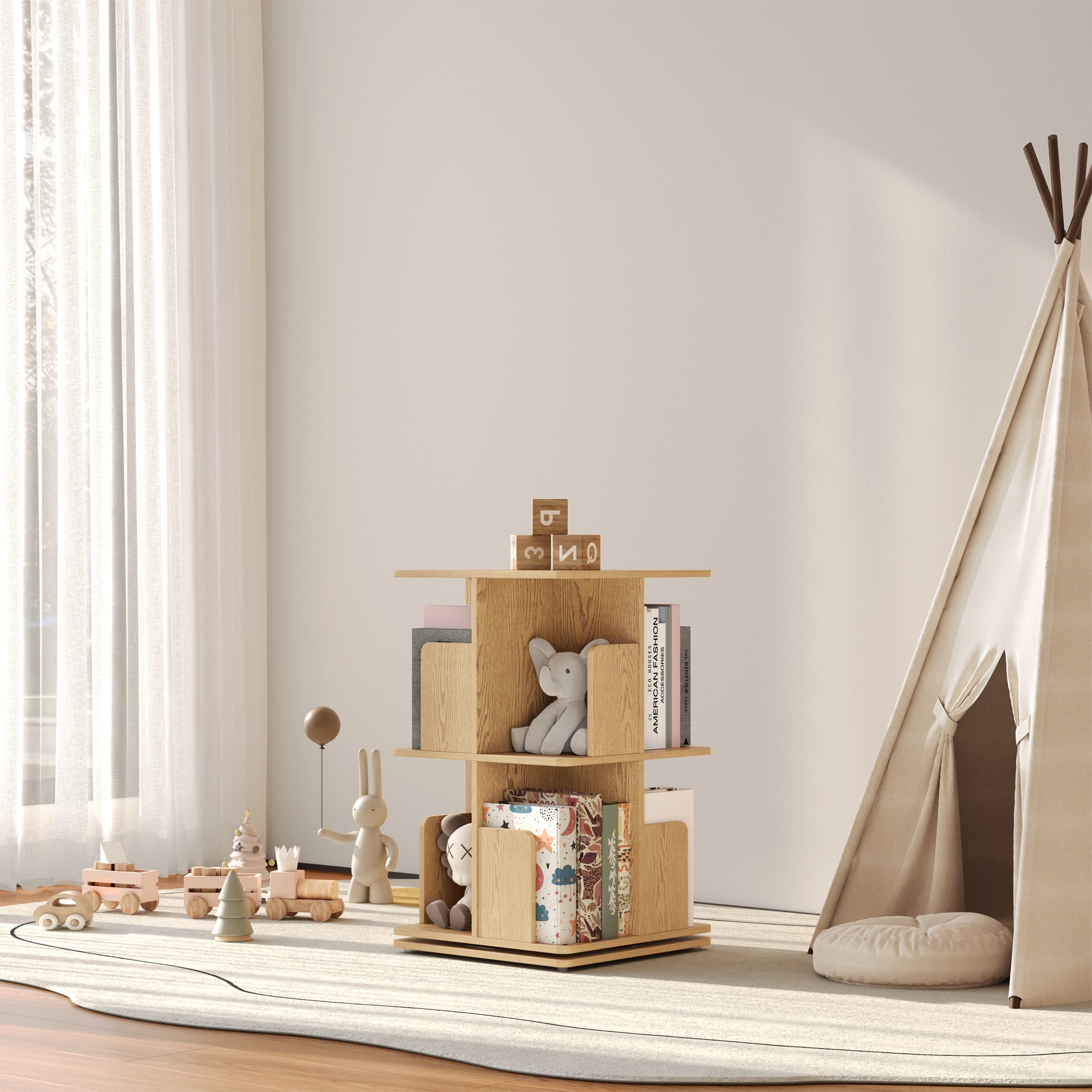 YOWOS Vortex Series Vitru Spin 360° Rotating Bookshelf Wood Natural 2 Tiers