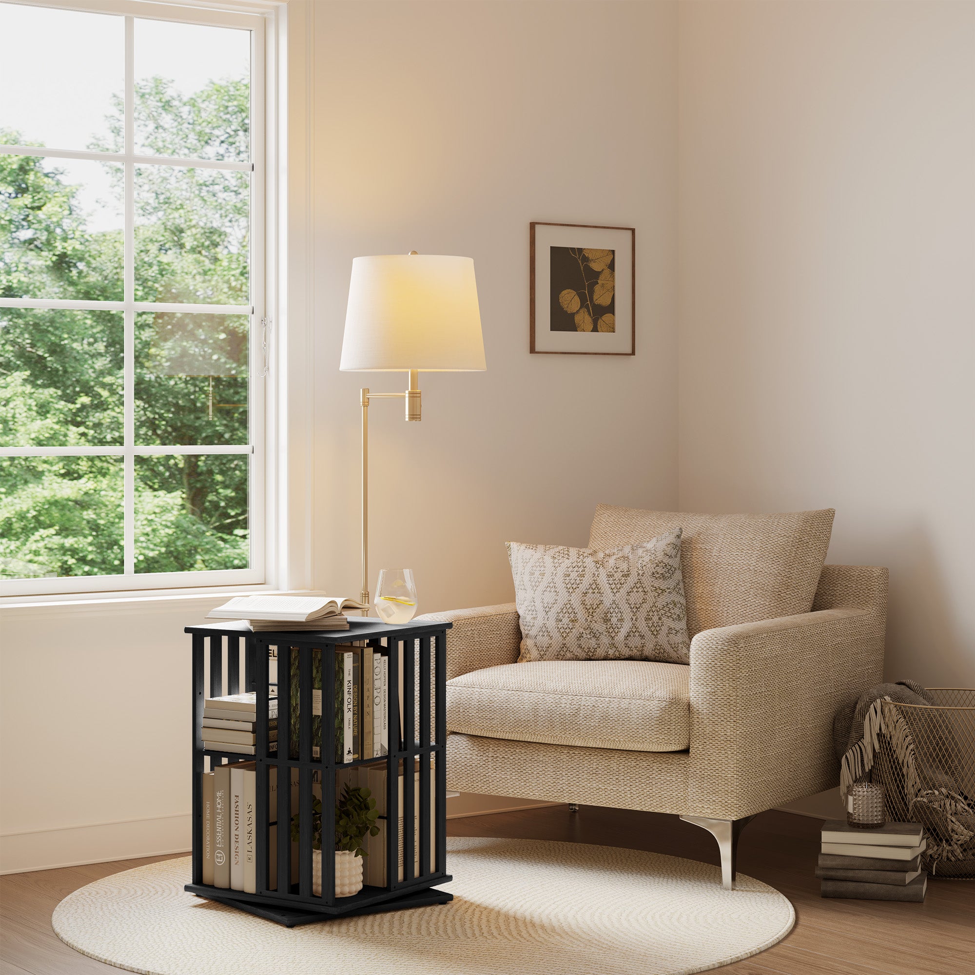 YOWOS Vortex Series Meridian 360° Rotating Bookshelf Bamboo Black 2 Tiers