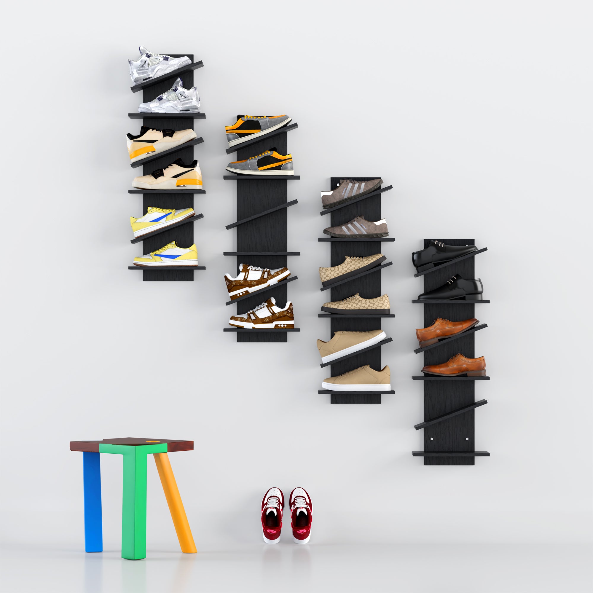 YOWOS Chiaroscuro Series Thor Z-Shaped Wall-Mounted Shoe Shelf Wood Black for 6 Pairs of Shoes