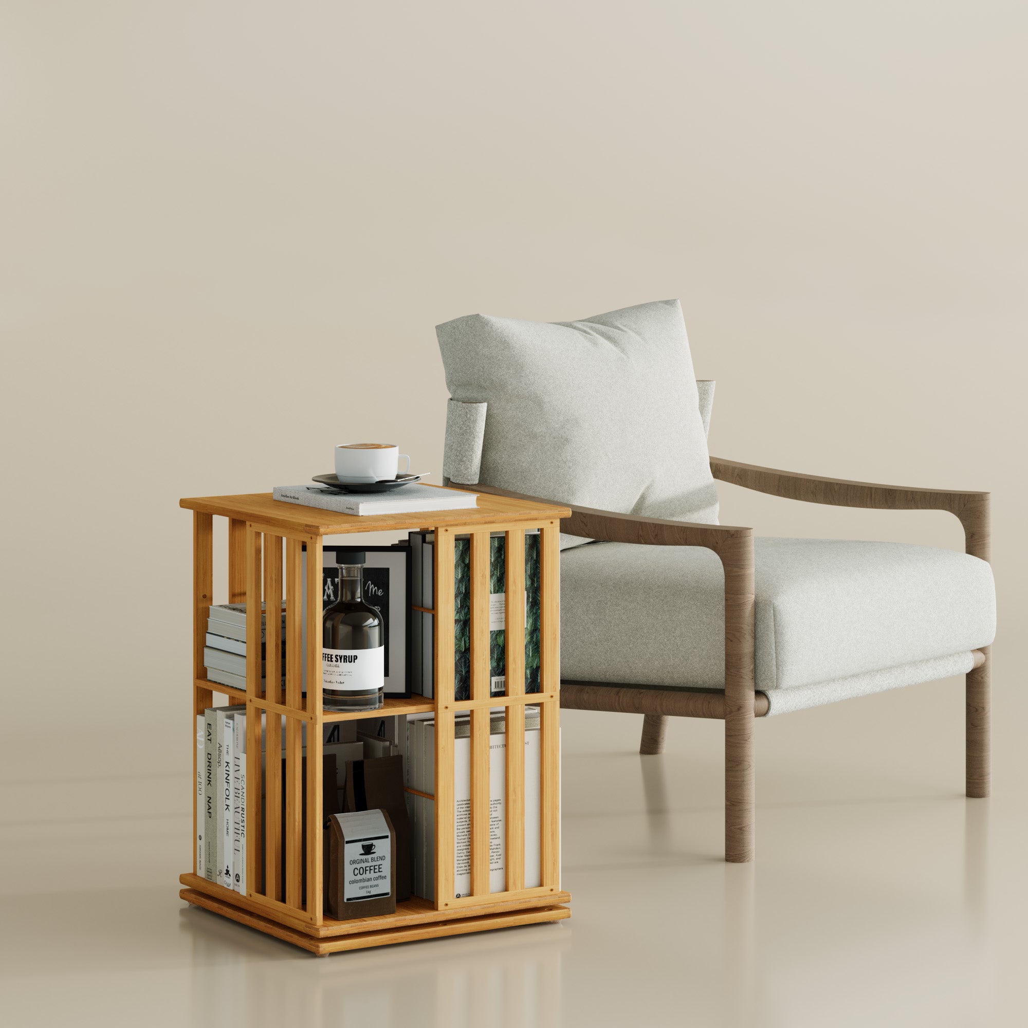 YOWOS Vortex Series Meridian 360° Rotating Bookshelf Bamboo Natural 2 Tiers