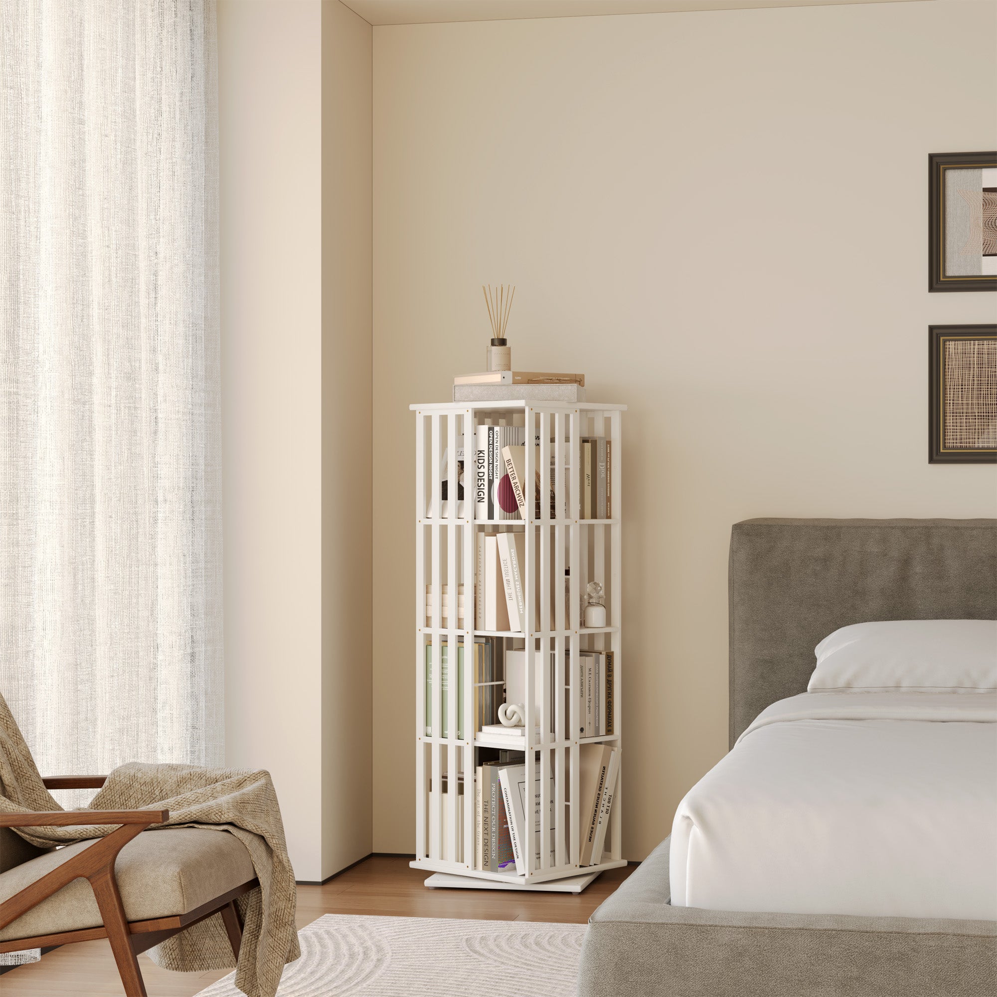 YOWOS Vortex Series Meridian 360° Rotating Bookshelf Bamboo White 4 Tiers