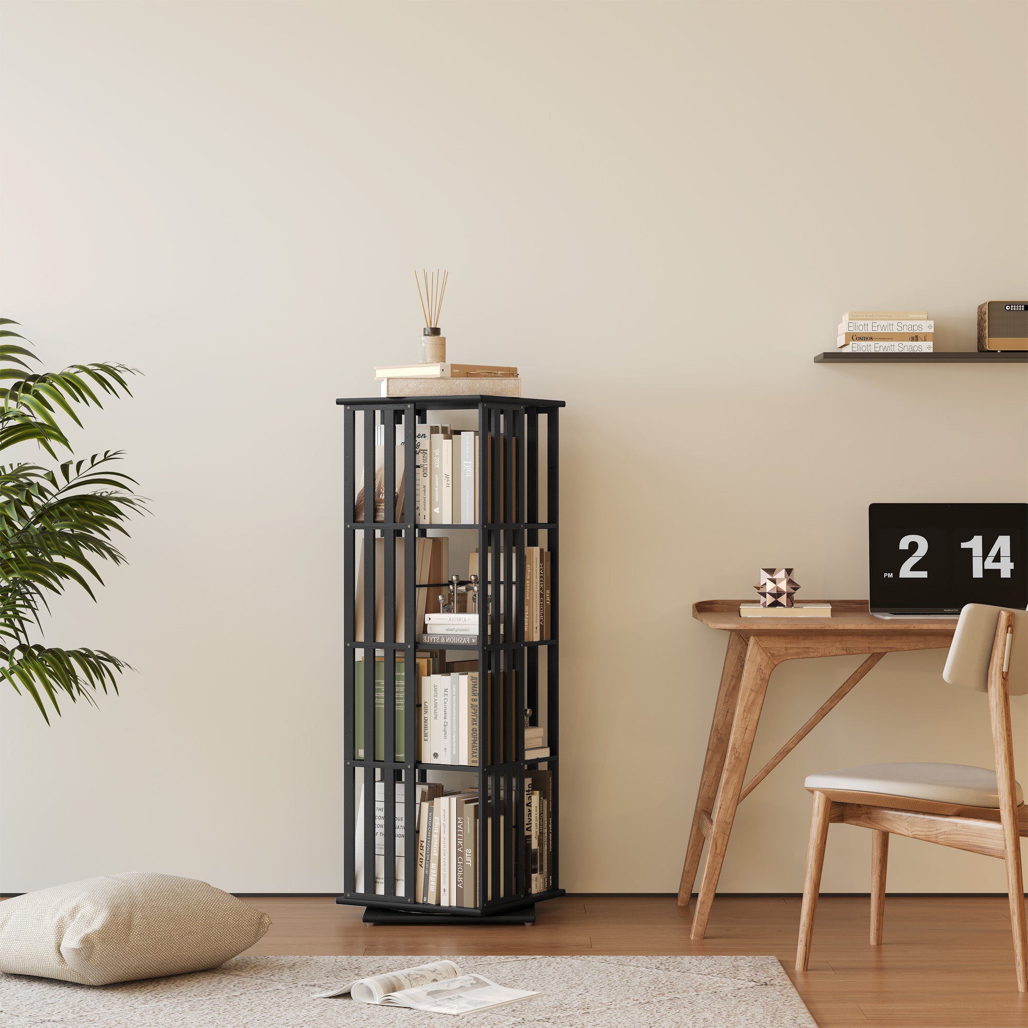 YOWOS Vortex Series Meridian 360° Rotating Bookshelf Bamboo Black 4 Tiers