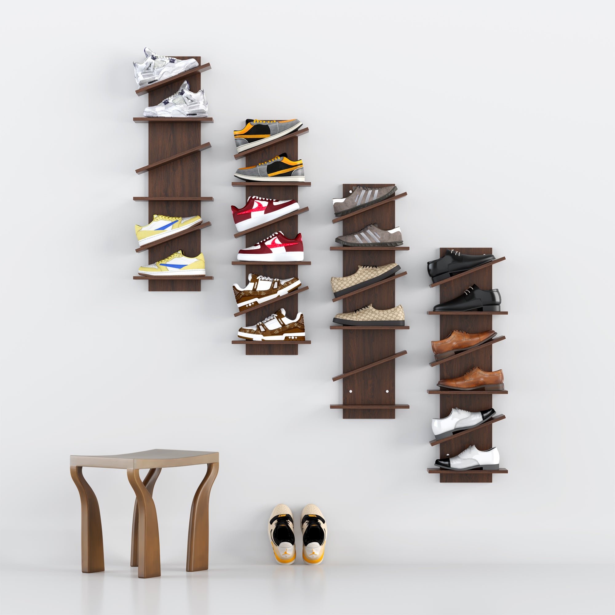 YOWOS Chiaroscuro Series Thor Z-Shaped Wall-Mounted Shoe Shelf Wood Walnut for 6 Pairs of Shoes