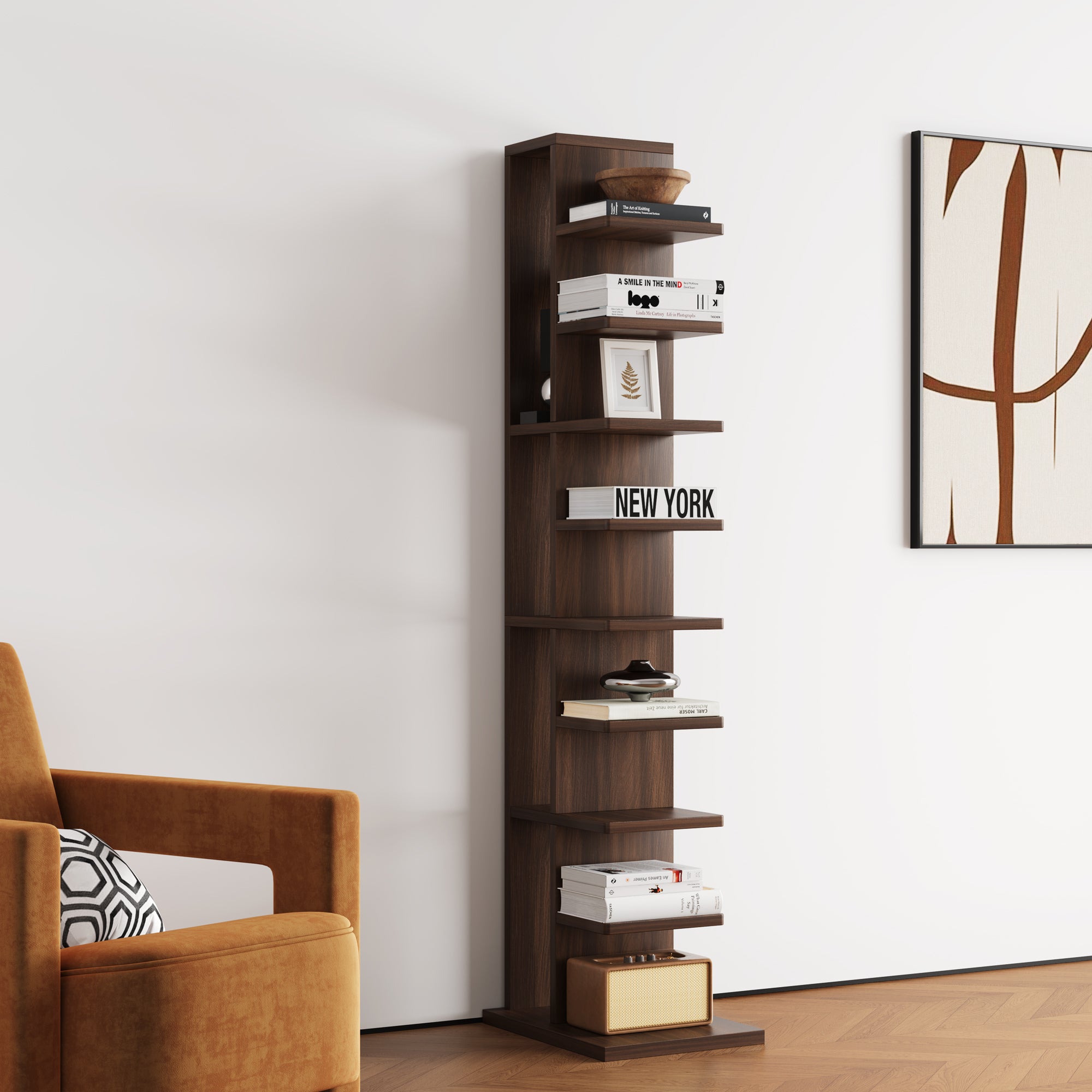 YOWOS Chiaroscuro Series Mirage Vertical Invisible Bookshelf Wood Walnut 9 Tiers