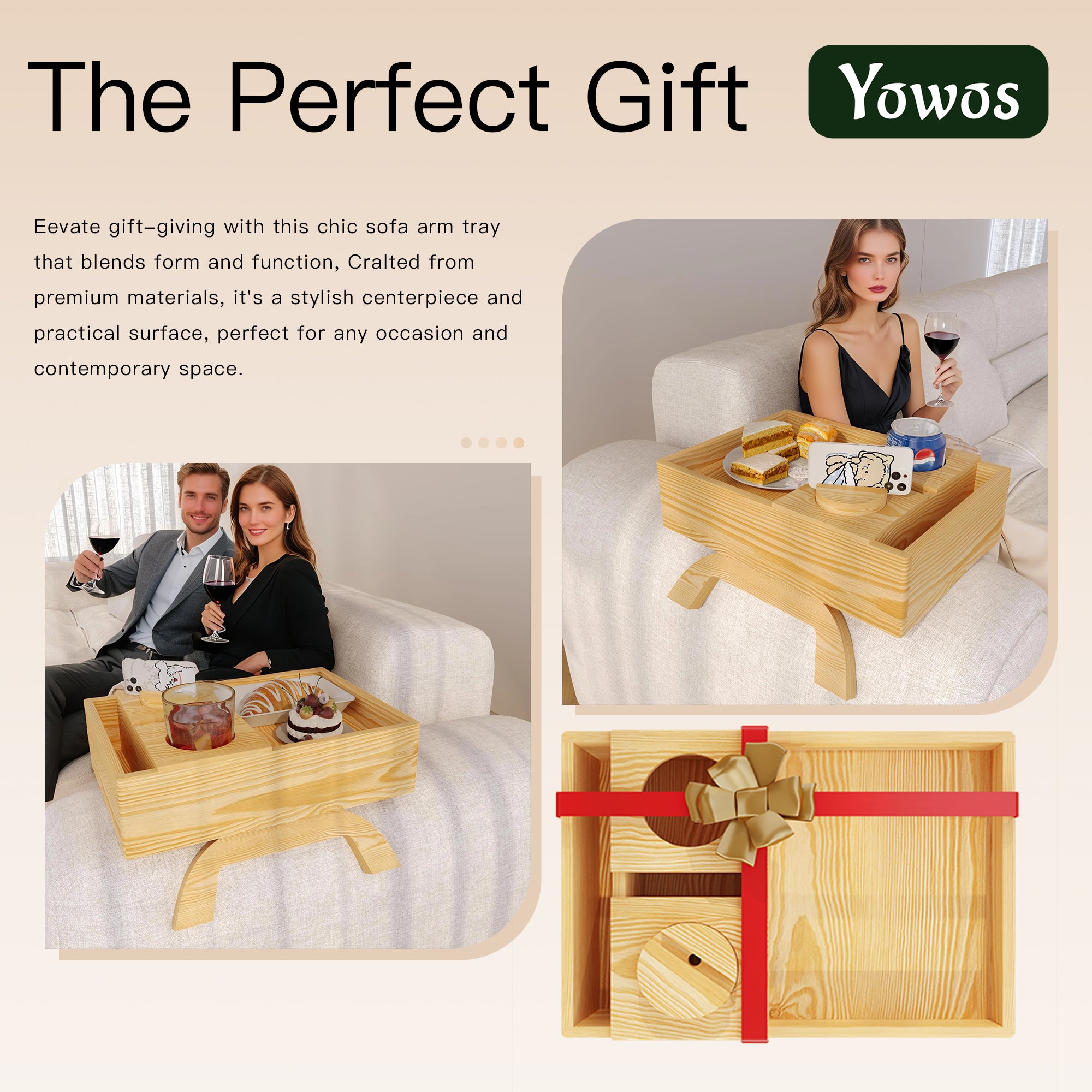 YOWOS 7-in-1 Solid Wood Sofa Arm Tray Table / Foldable Couch Organizer with Drawer