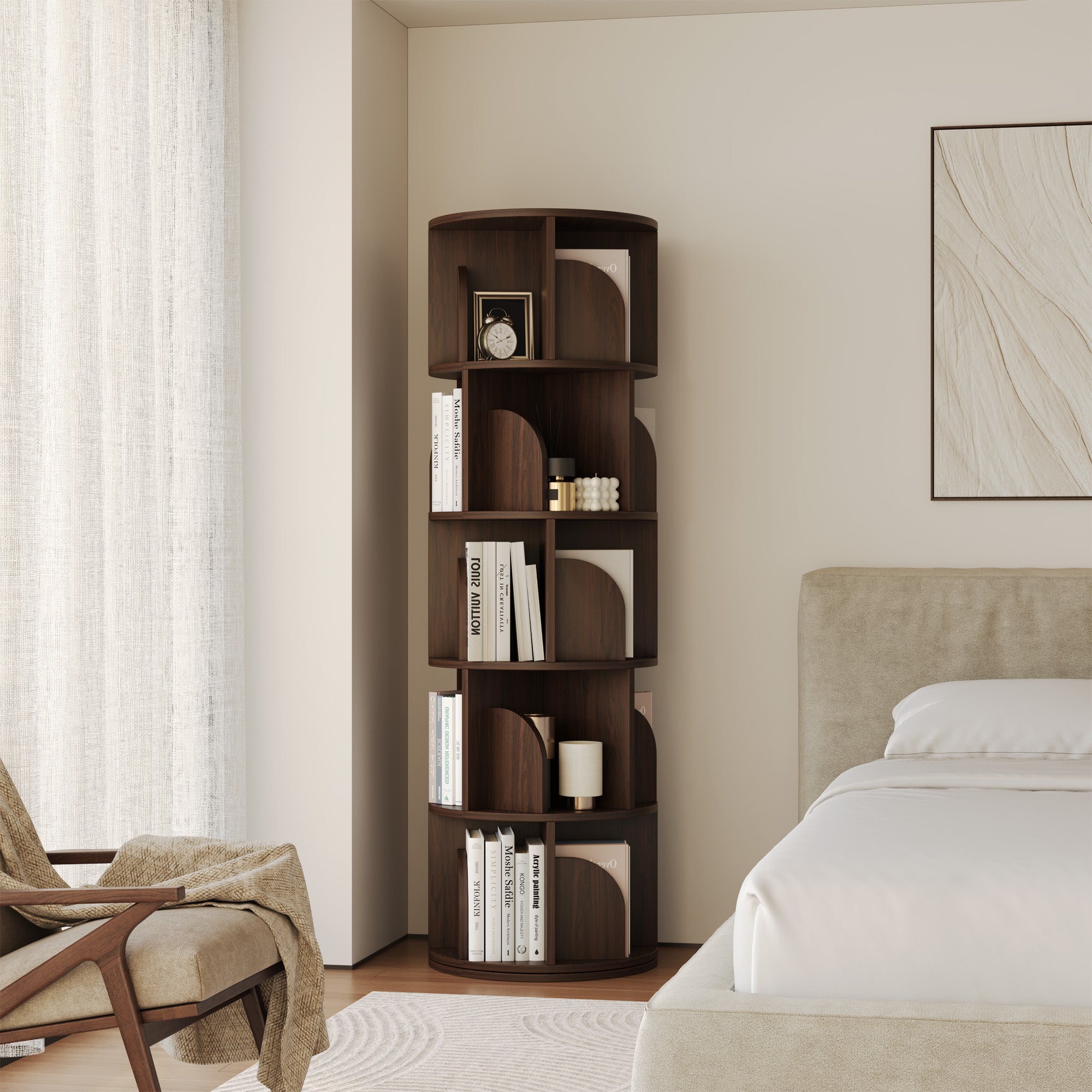 YOWOS Vortex Series Circinus Core 360° Rotating Bookshelf Wood Walnut 5 Tiers