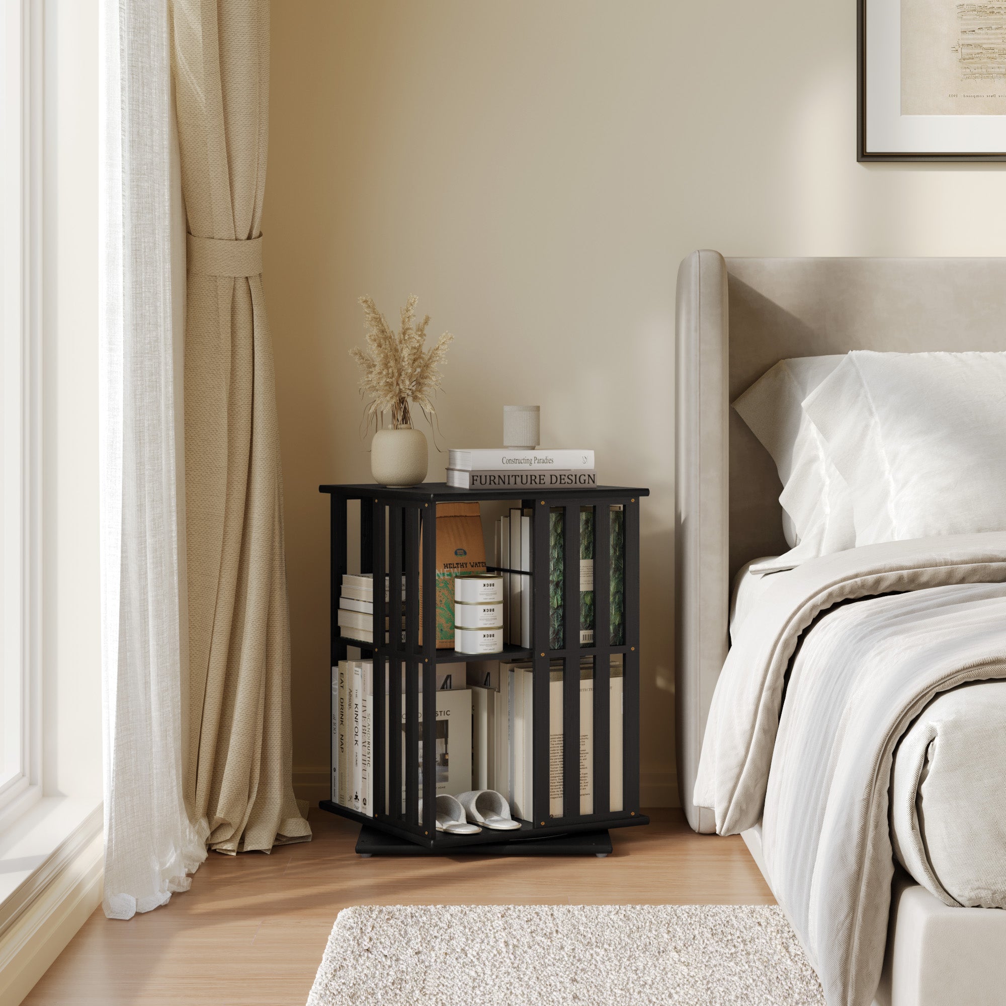 YOWOS Vortex Series Meridian 360° Rotating Bookshelf Bamboo Black 2 Tiers