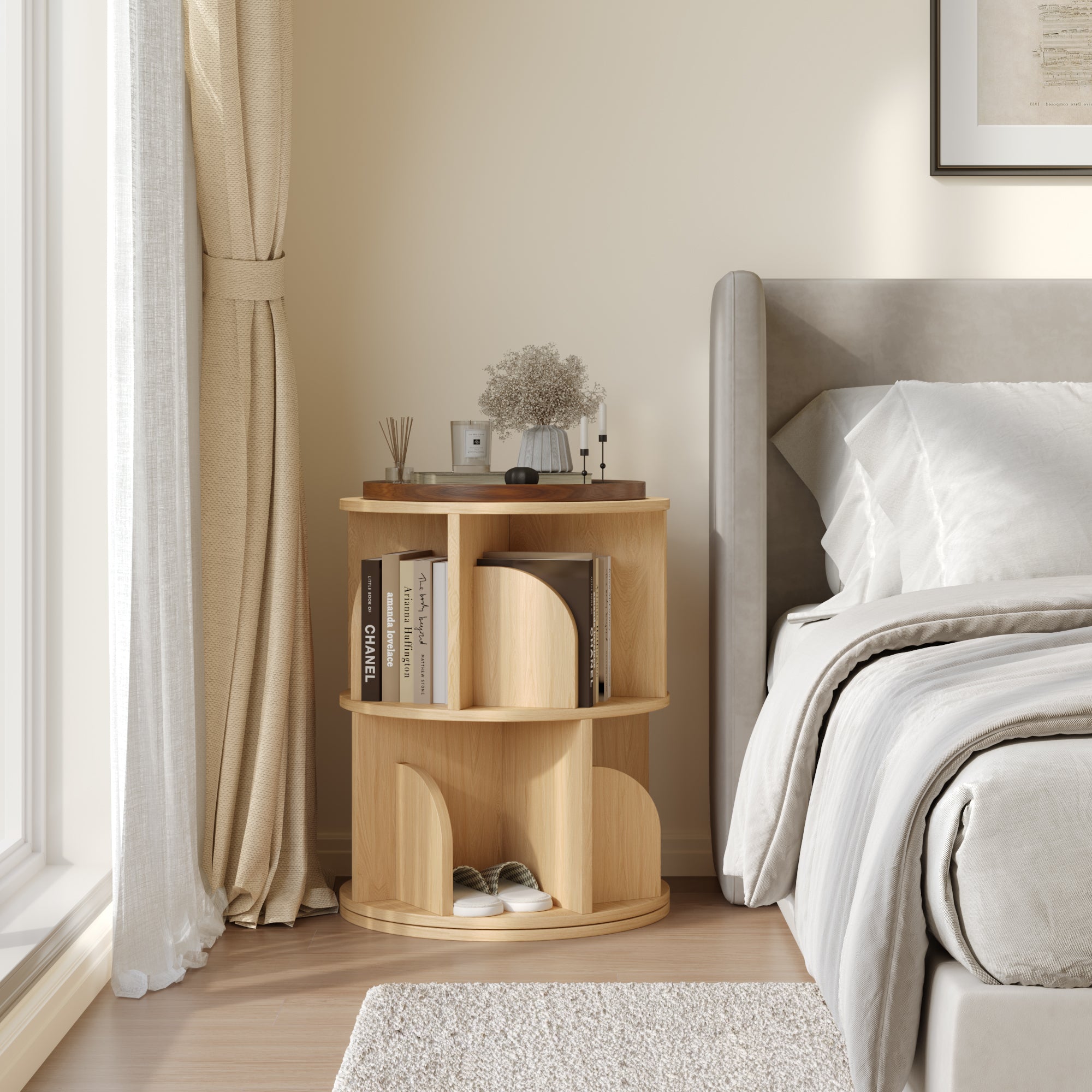 YOWOS Vortex Series Circinus Core 360° Rotating Bookshelf Wood Natural 2 Tiers