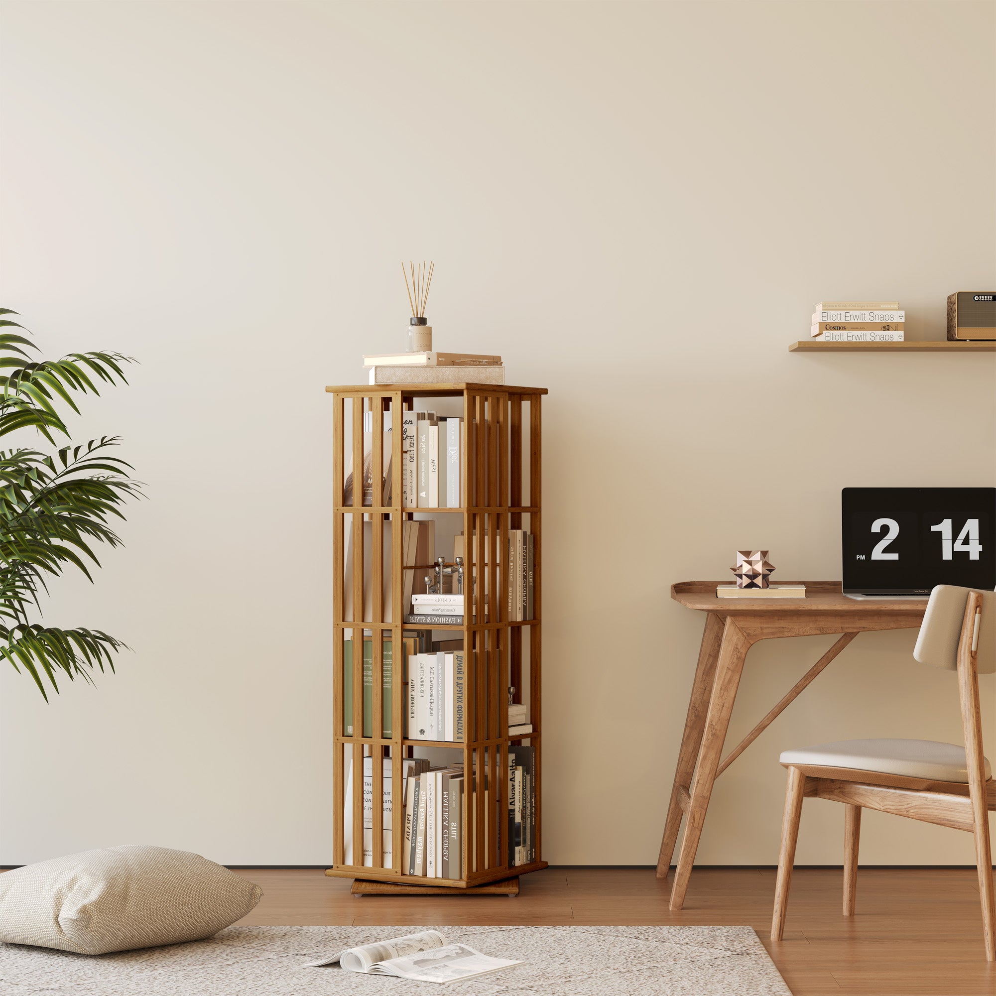 YOWOS Vortex Series Meridian 360° Rotating Bookshelf Bamboo Walnut 4 Tiers