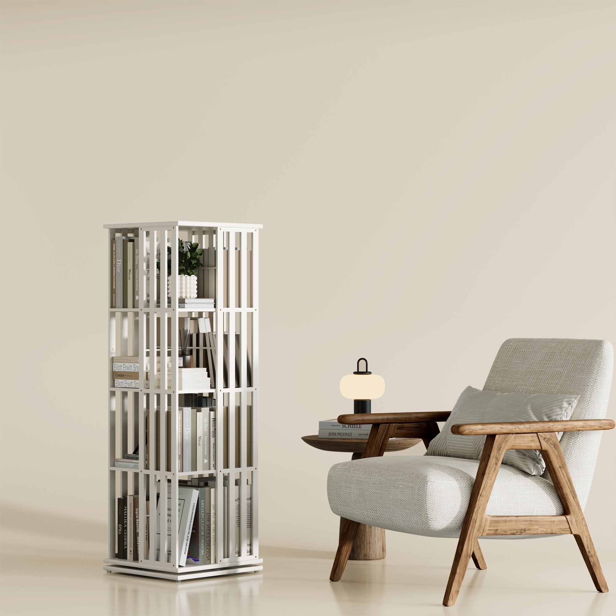 YOWOS Vortex Series Meridian 360° Rotating Bookshelf Bamboo White 4 Tiers