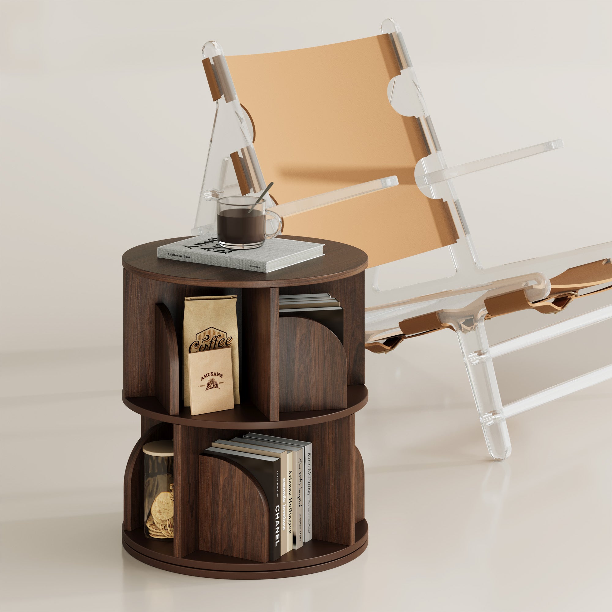 YOWOS Vortex Series Circinus Core 360° Rotating Bookshelf Wood Walnut 2 Tiers