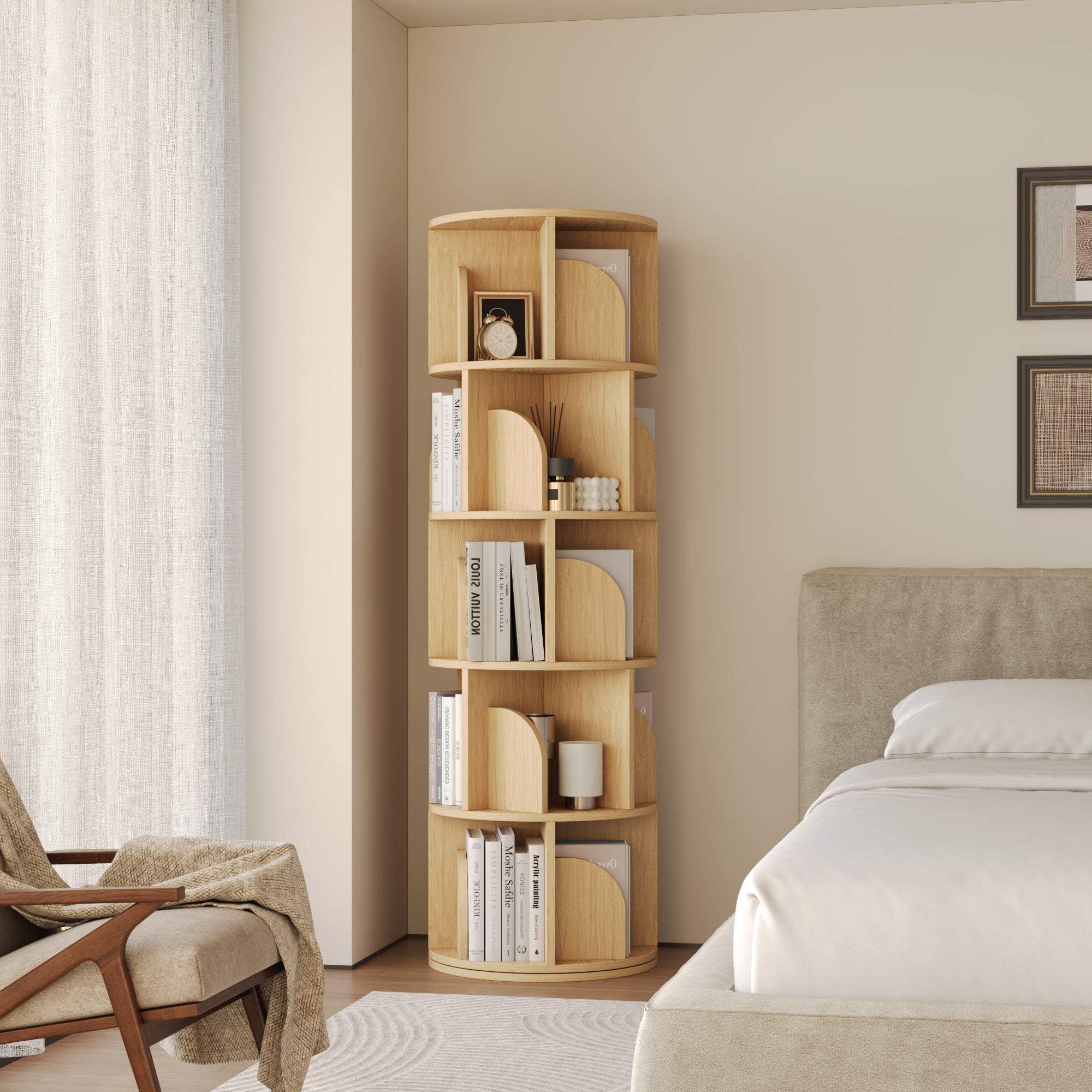 YOWOS Vortex Series Circinus Core 360° Rotating Bookshelf Wood Natural 5 Tiers