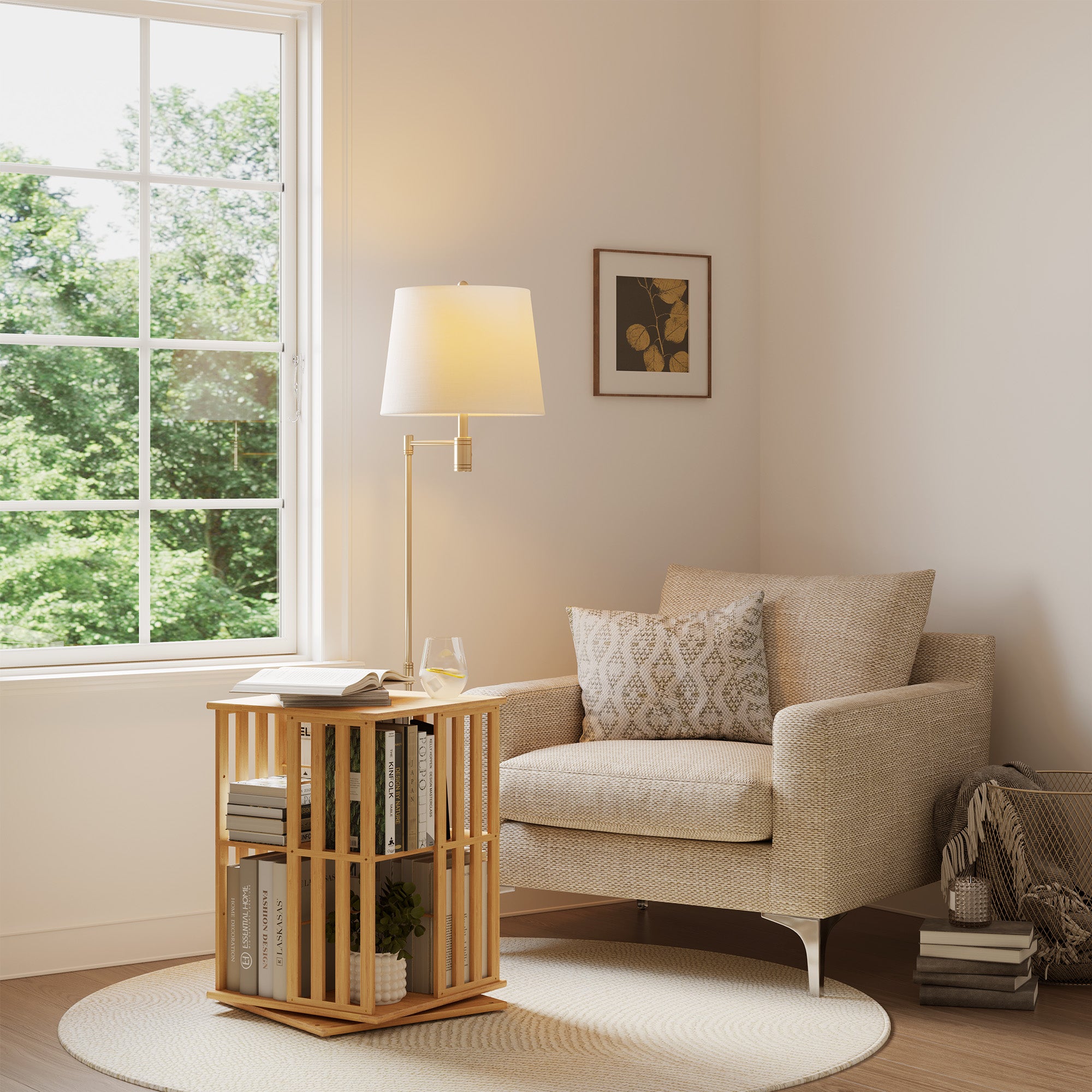 YOWOS Vortex Series Meridian 360° Rotating Bookshelf Bamboo Natural 2 Tiers