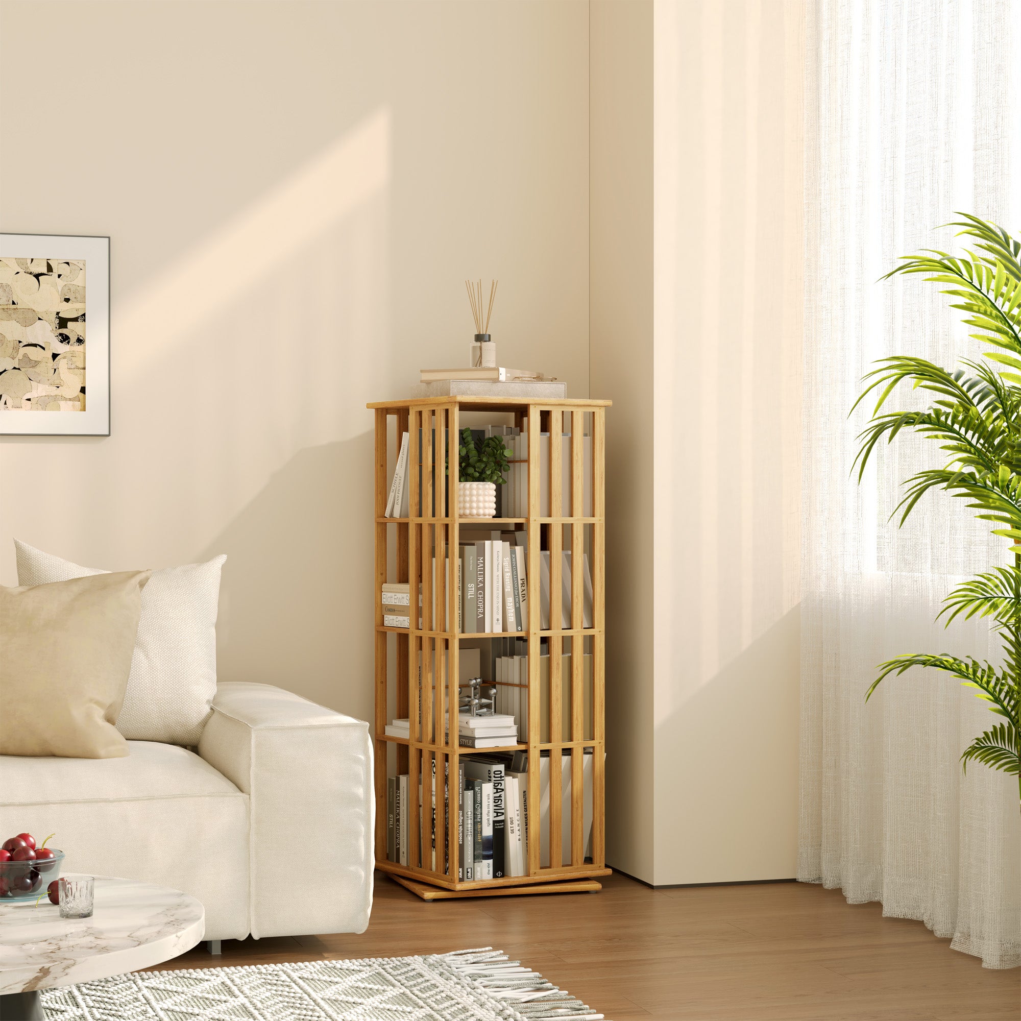 YOWOS Vortex Series Meridian 360° Rotating Bookshelf Bamboo Natural 4 Tiers