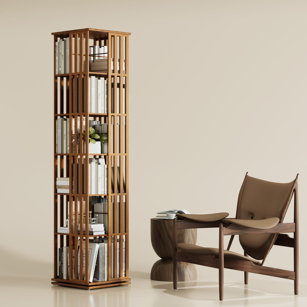 YOWOS Vortex Series Meridian 360° Rotating Bookshelf Bamboo Walnut 6 T