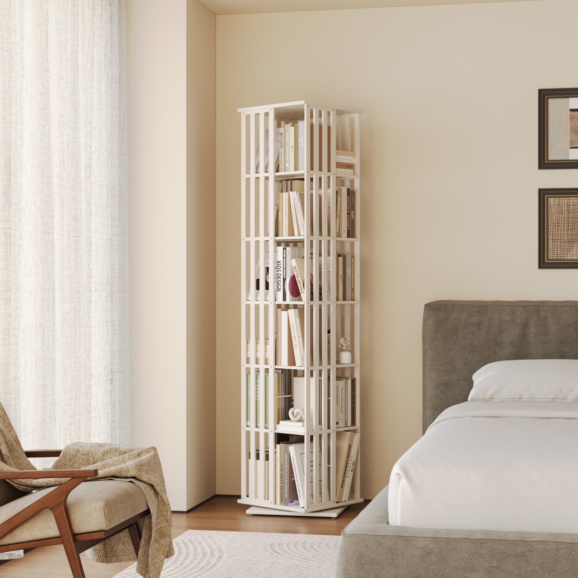 YOWOS Vortex Series Meridian 360° Rotating Bookshelf Bamboo White 6 Tiers