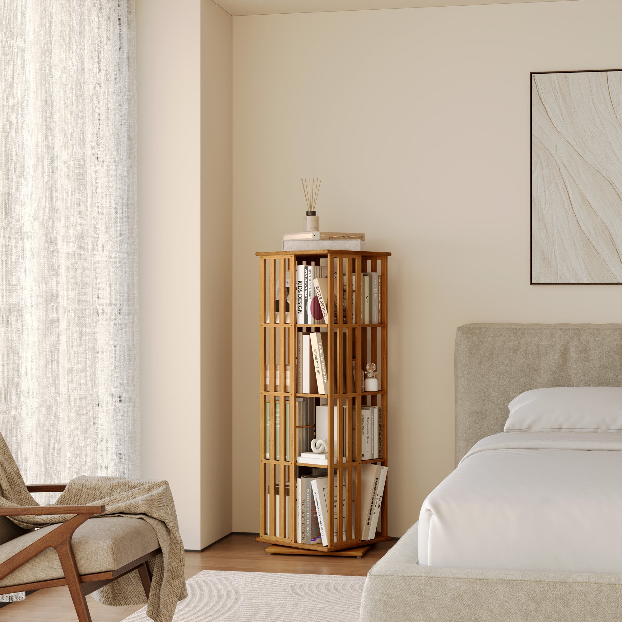 YOWOS Vortex Series Meridian 360° Rotating Bookshelf Bamboo Walnut 4 Tiers