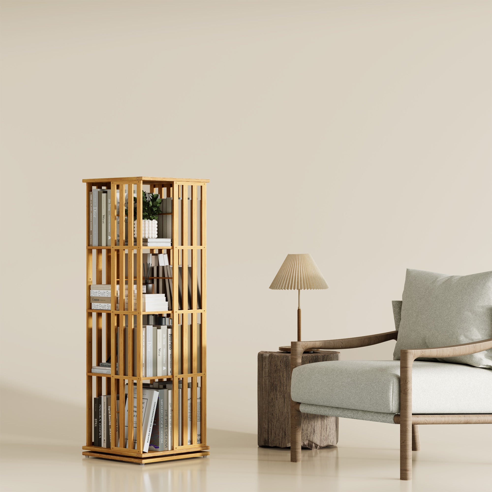 YOWOS Vortex Series Meridian 360° Rotating Bookshelf Bamboo Natural 4 Tiers