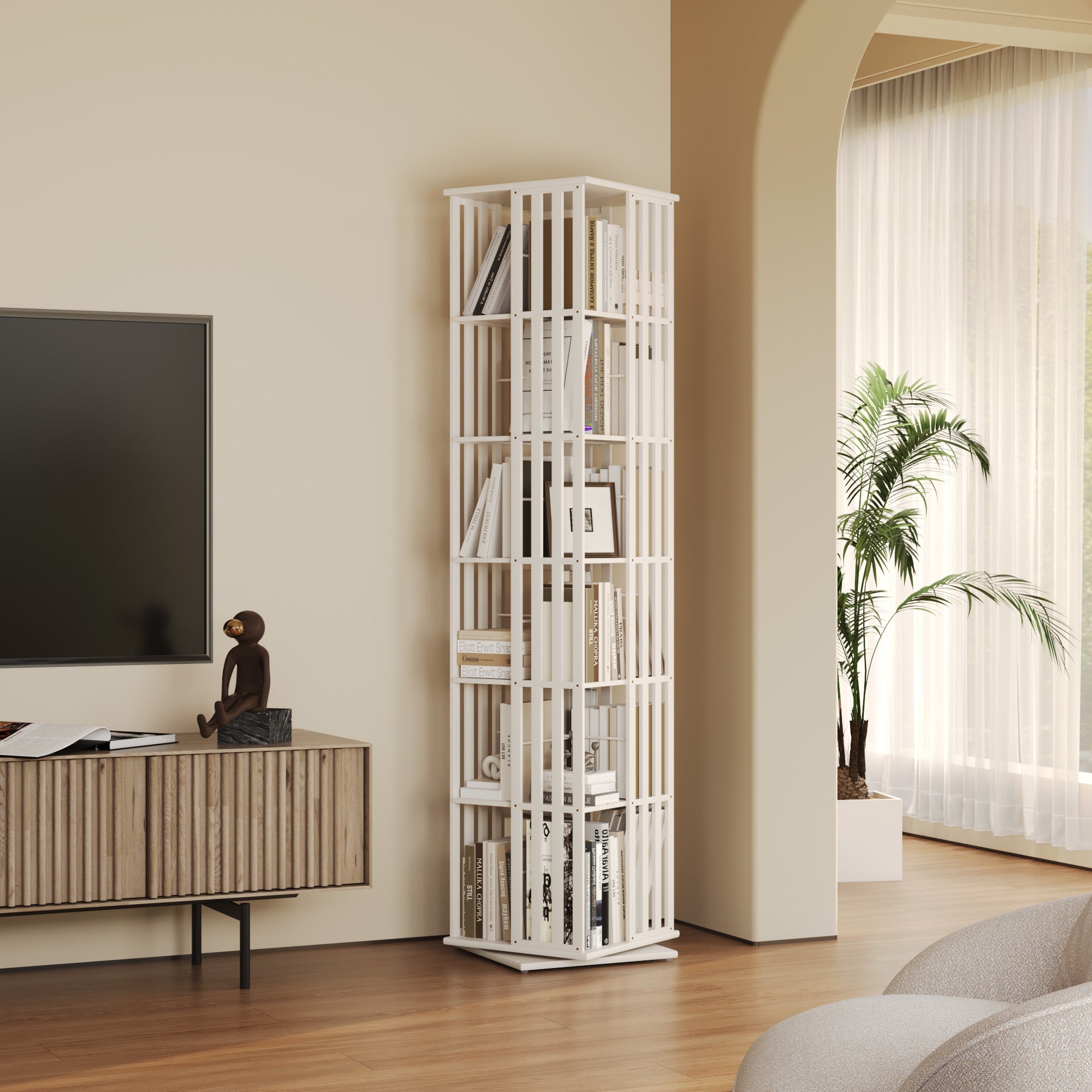 YOWOS Vortex Series Meridian 360° Rotating Bookshelf Bamboo White 6 Tiers